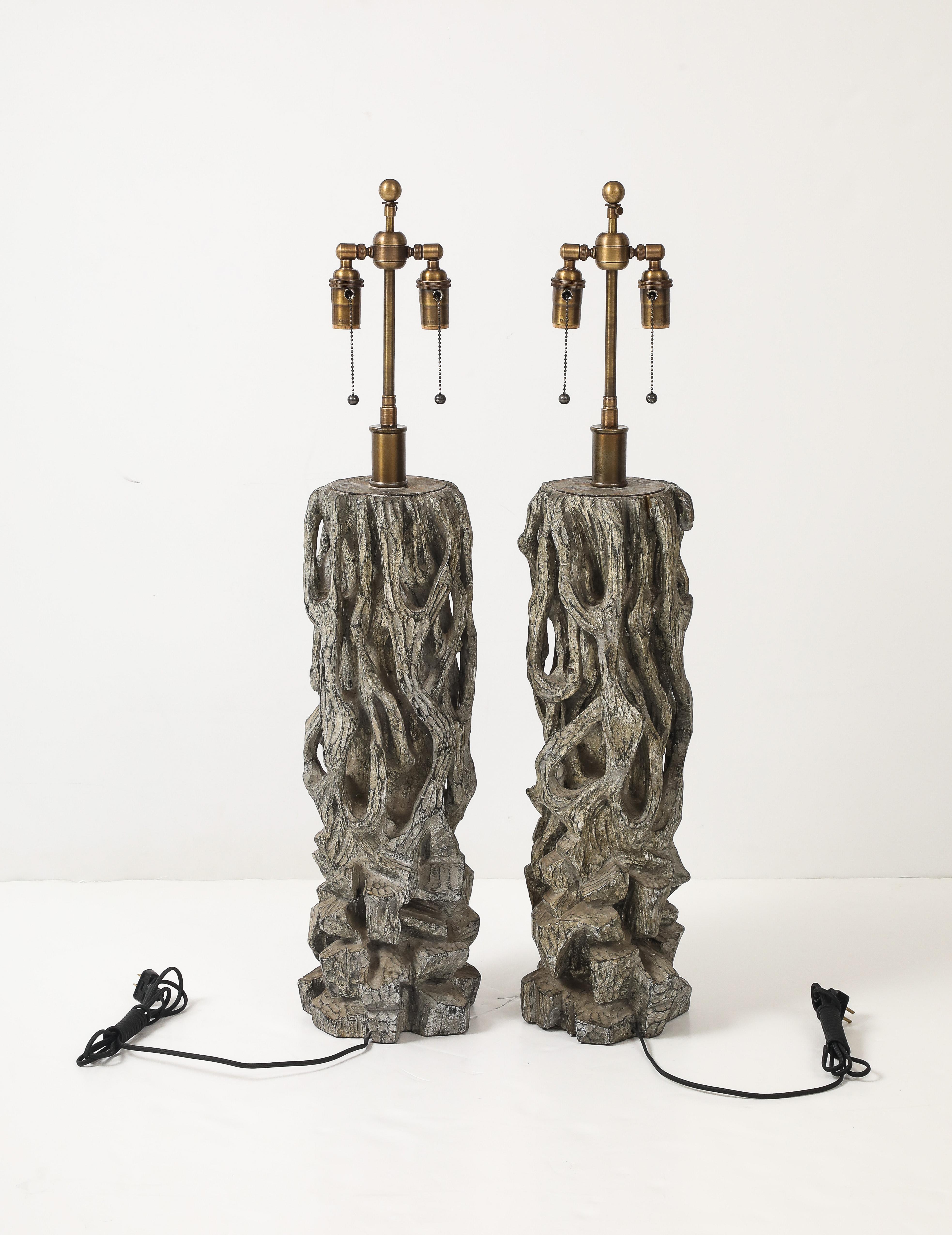 Exceptional Pair of Carved Gnarly Tree Form Lamps by James Mont. For Sale 4