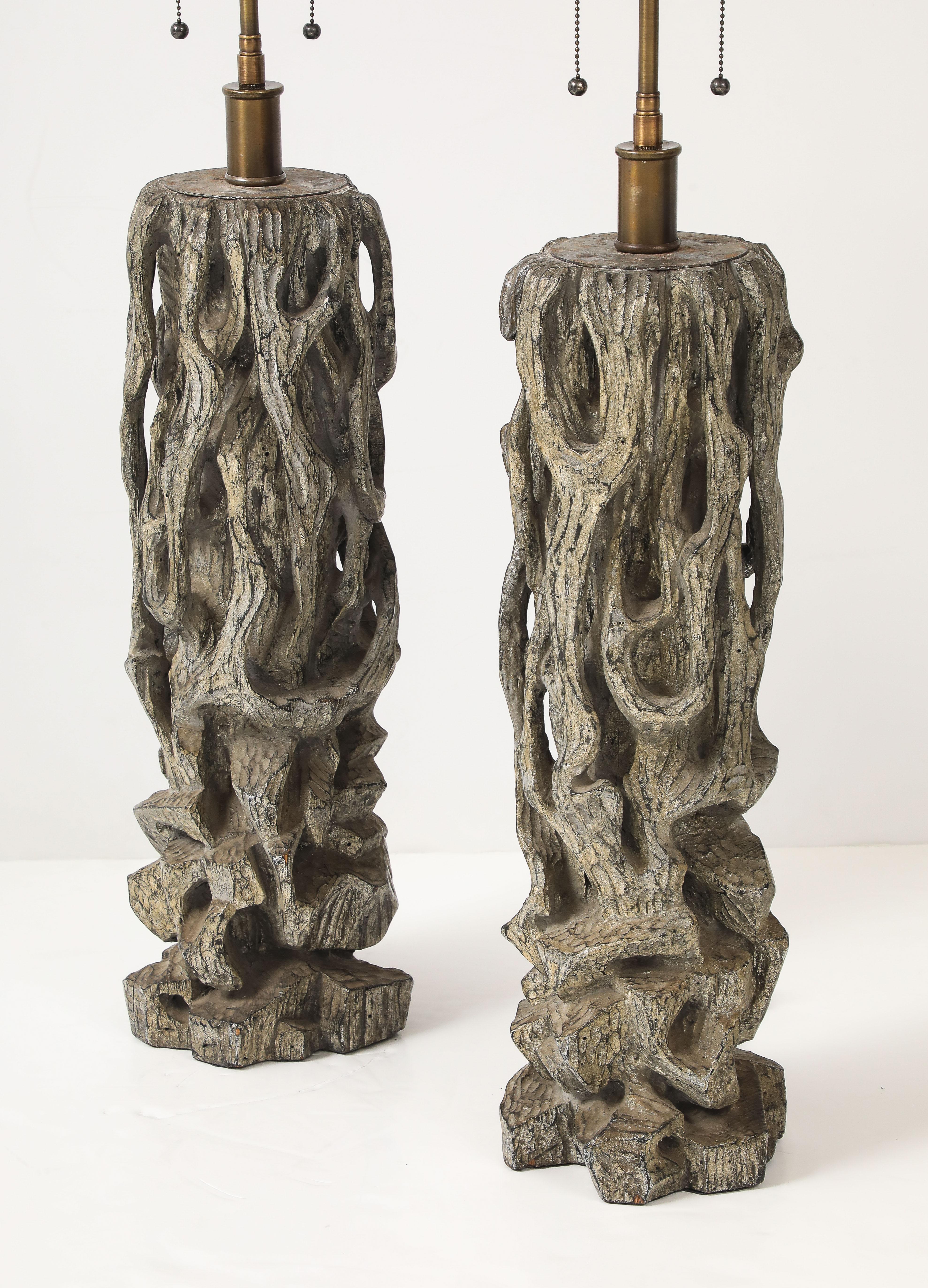 Mid-Century Modern Exceptional Pair of Carved Gnarly Tree Form Lamps by James Mont. For Sale