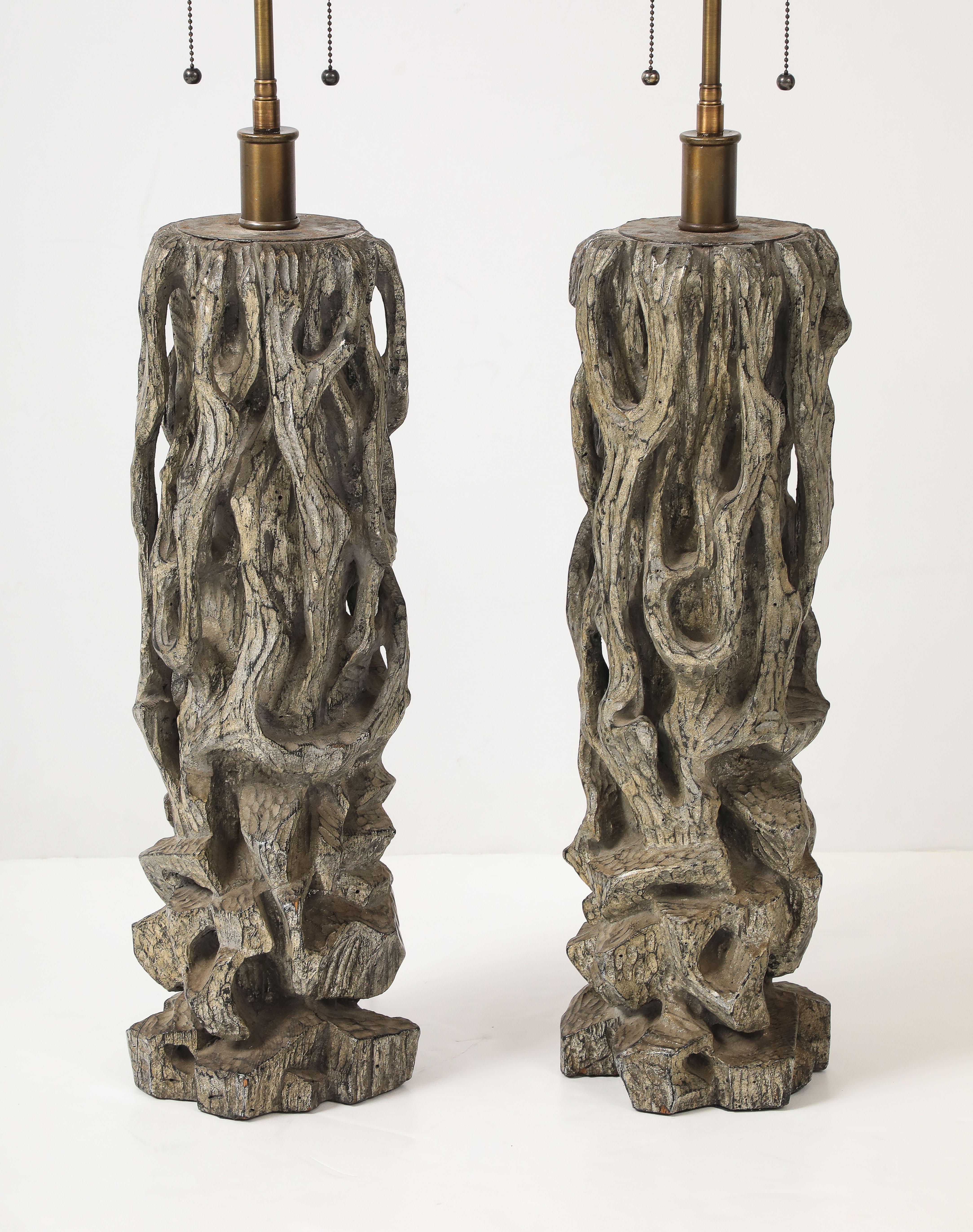 American Exceptional Pair of Carved Gnarly Tree Form Lamps by James Mont. For Sale