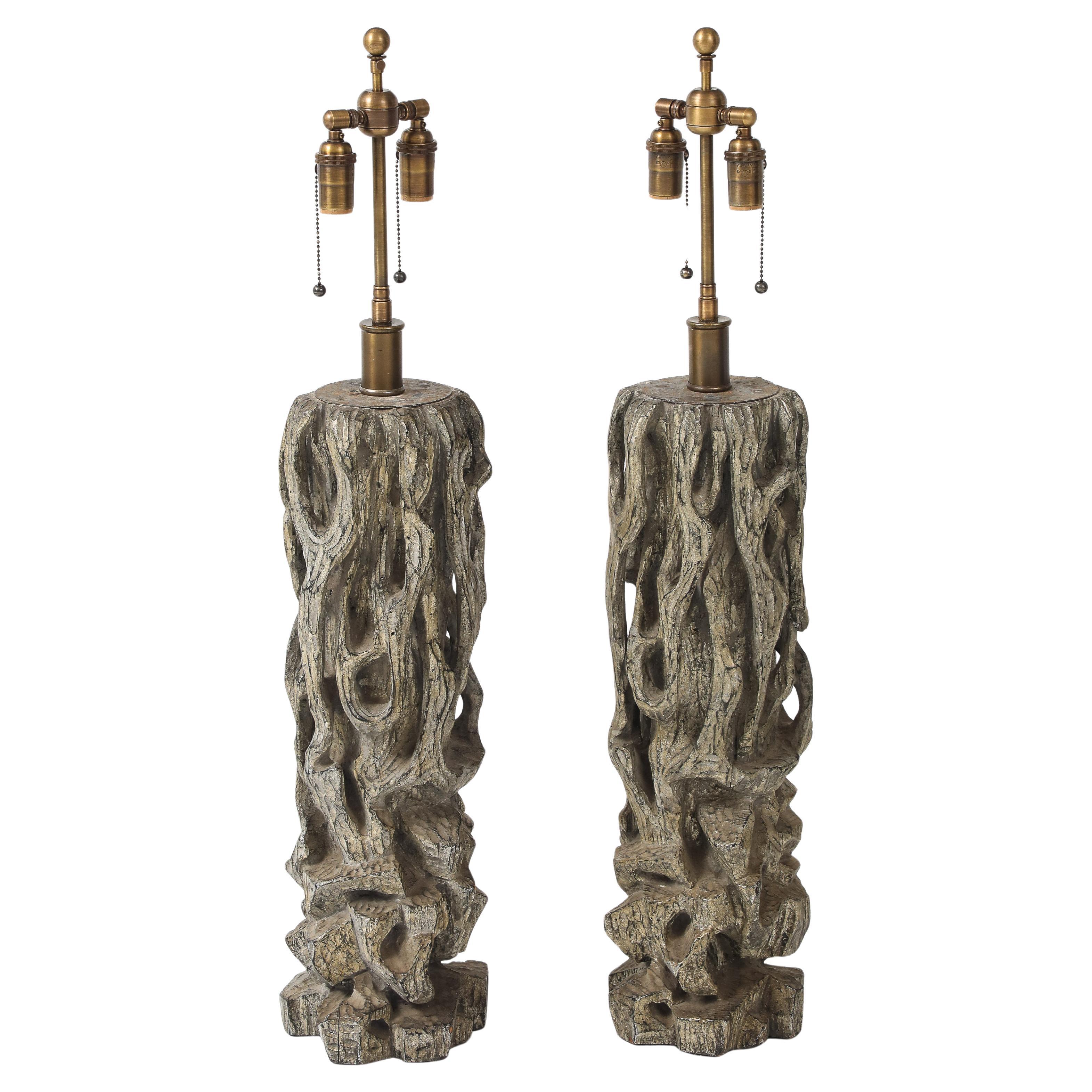 Exceptional Pair of Carved Gnarly Tree Form Lamps by James Mont. For Sale