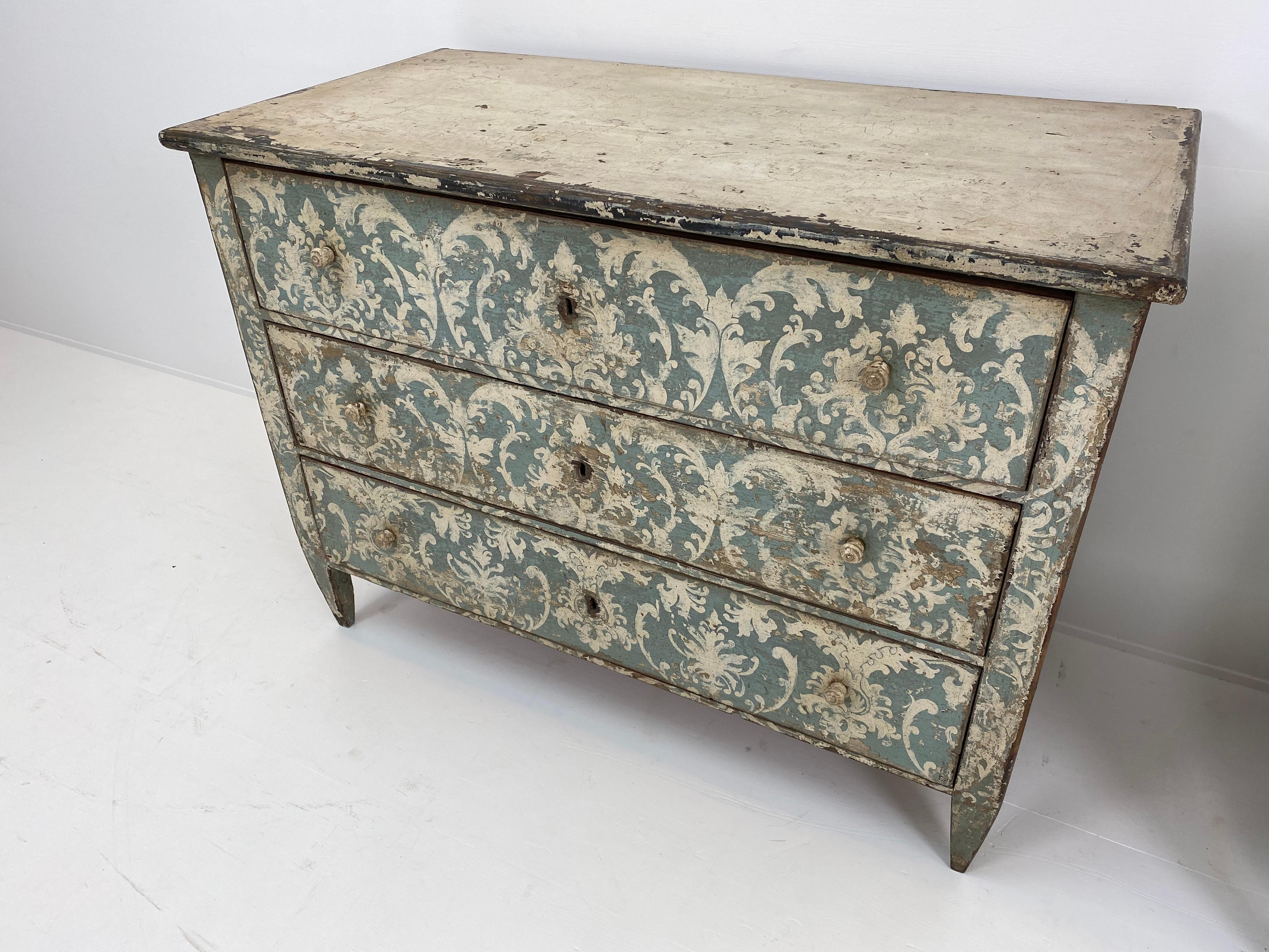 Patinated, Painted pair of Chest of drawers,Spain,
Exceptional pair of Commodes,in painted,patinated Pine
beautiful color combination of blue and beige
wonderfully patinated top and nice legs
great to put in a kitchen or bedroom,
really a lot of