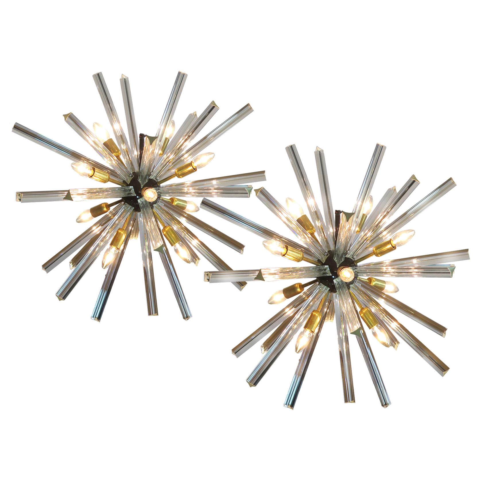 Exceptionnelle paire de lustres Spoutnik en verre de Murano 30 de couleur cristal, 1990