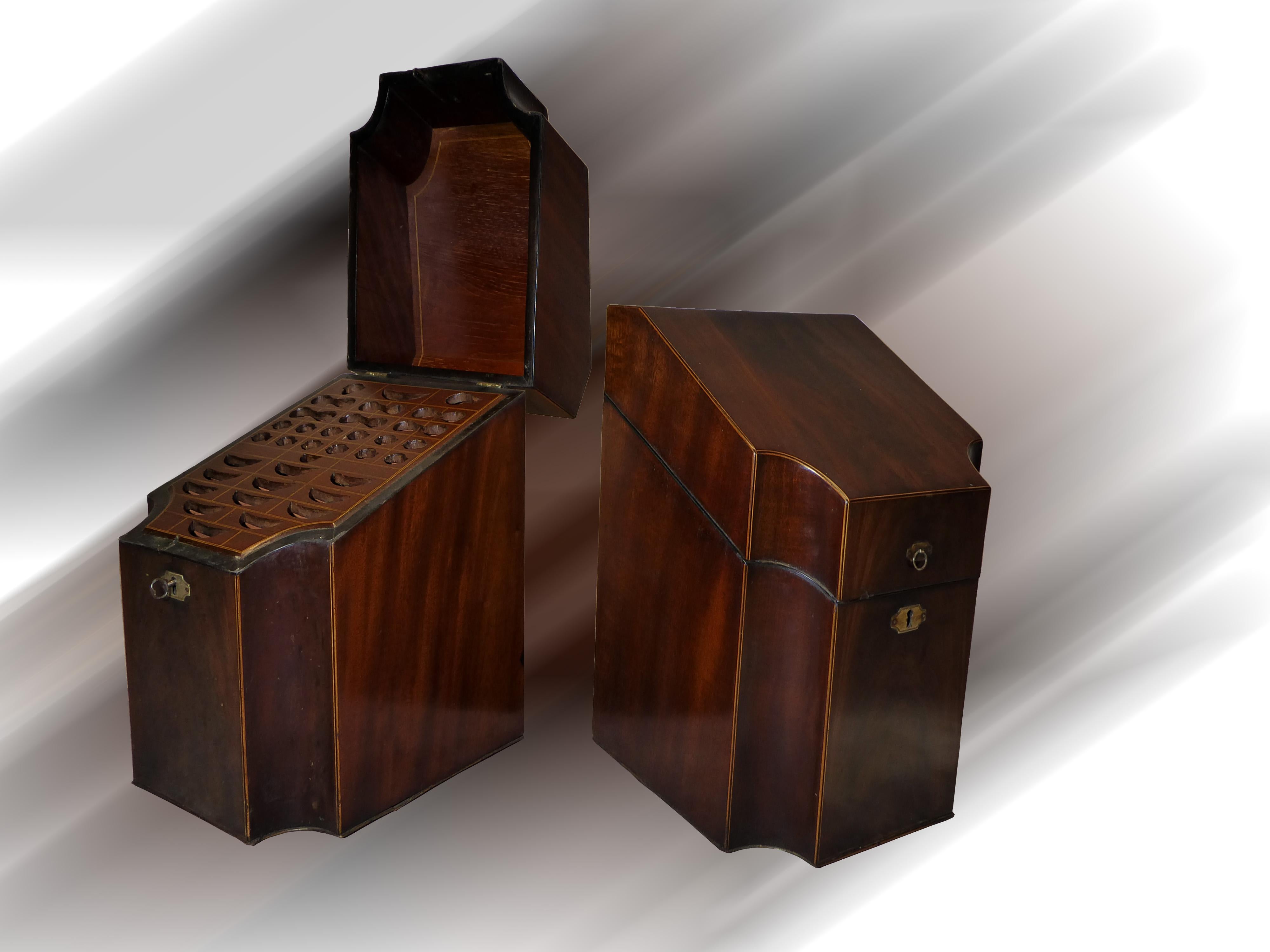 Exceptional Pair of cutlery cases georgian mahogany silver mounts original.
In beautiful condition, elegant items for your dining room,  (sorry we can not include the silver cutlery illustrated)   Such items as these hold a special place of honour