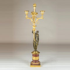 Exceptional Pair of Directoire Ormolu and Marble Three-Light Figural Candelabra