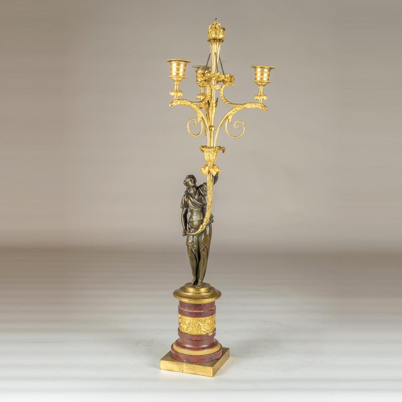 French Exceptional Pair of Directoire Ormolu and Marble Three-Light Figural Candelabra For Sale