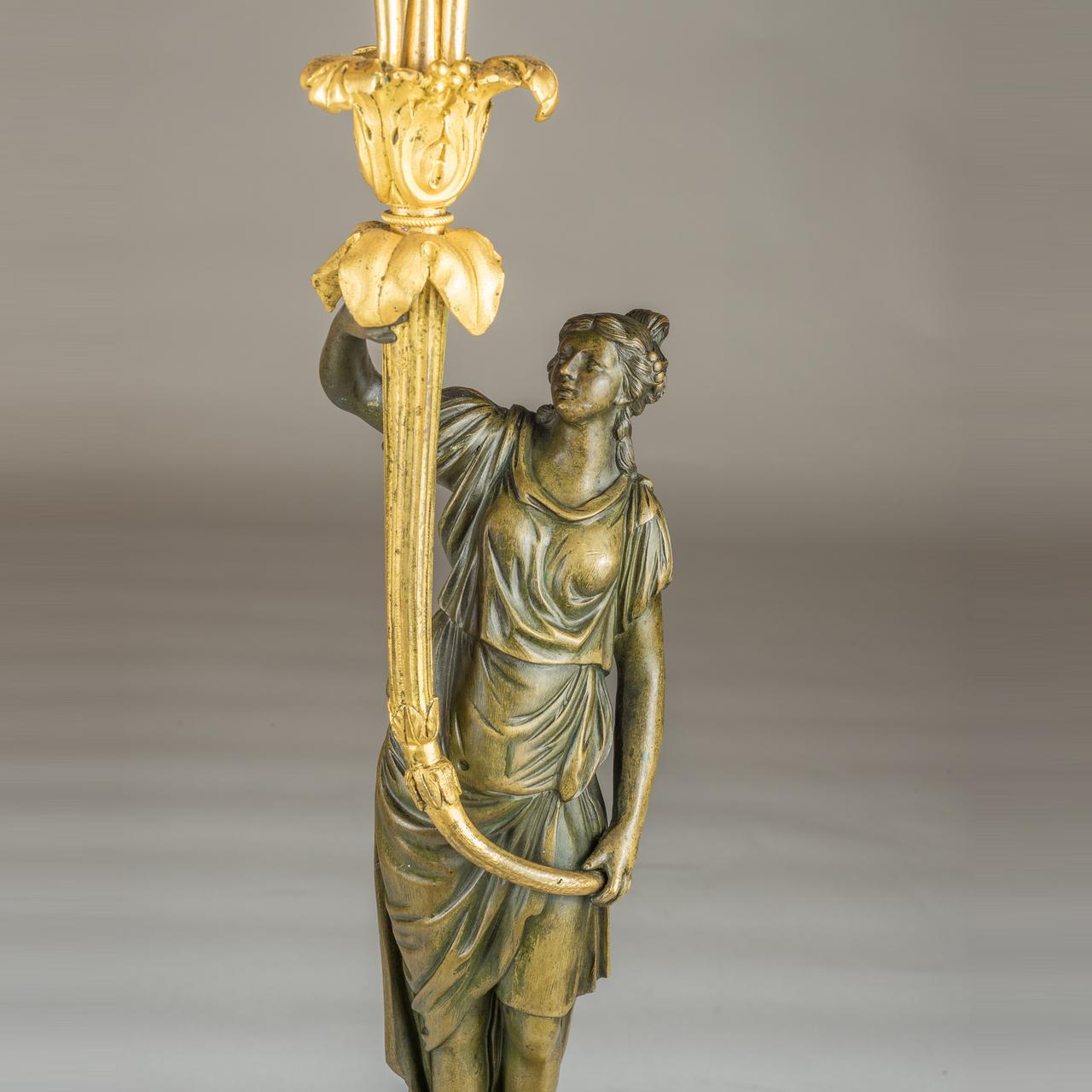 19th Century Exceptional Pair of Directoire Ormolu and Marble Three-Light Figural Candelabra For Sale