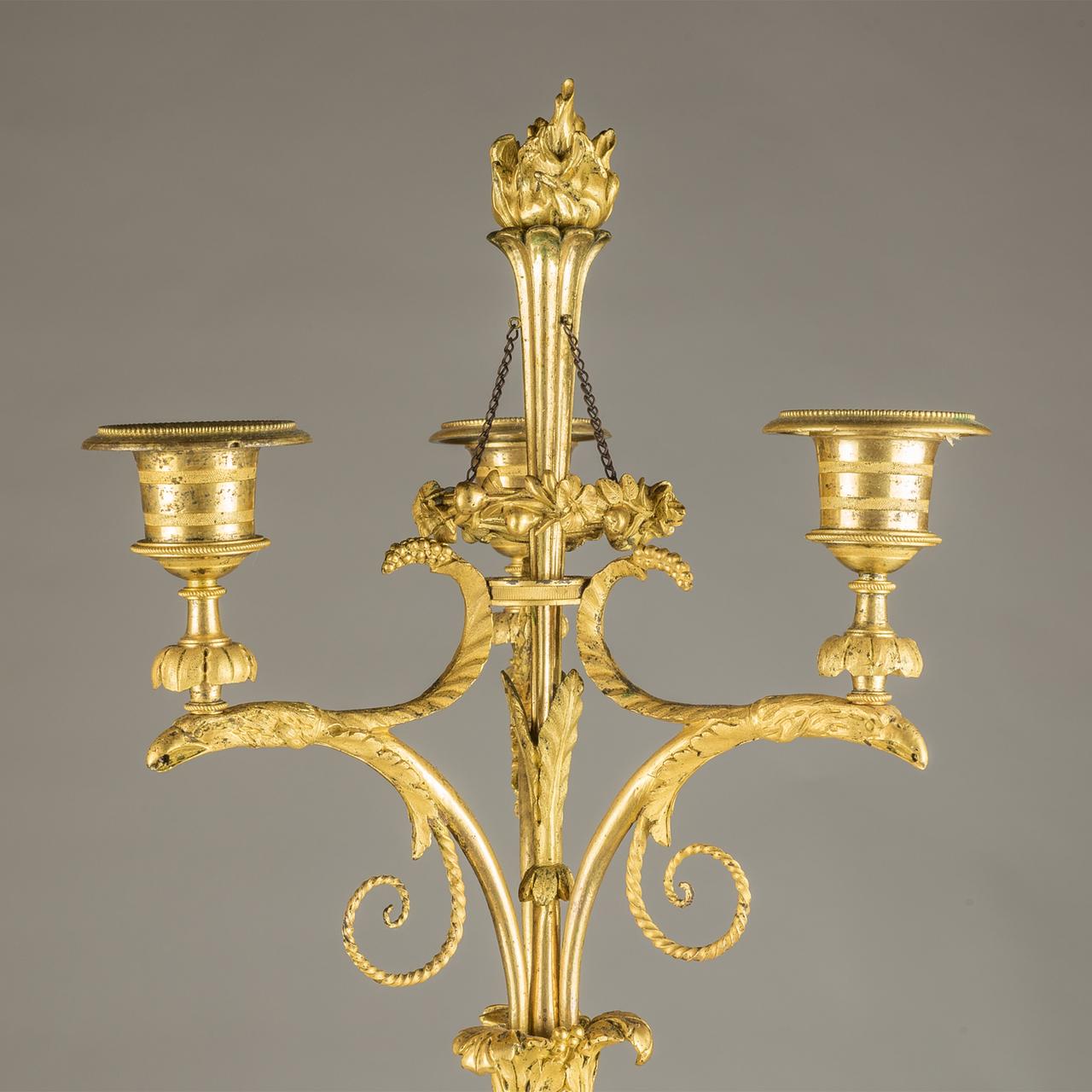 Exceptional Pair of Directoire Ormolu and Marble Three-Light Figural Candelabra For Sale 1