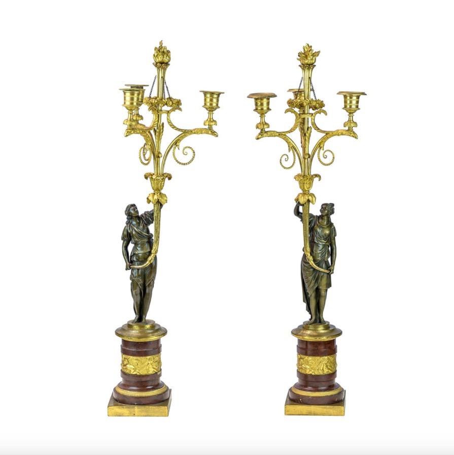 Exceptional Pair of Directoire Ormolu and Marble Three-Light Figural Candelabra For Sale 3