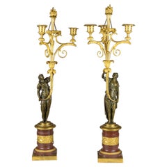 Exceptional Pair of Directoire Ormolu and Marble Three-Light Figural Candelabra