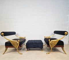 Exceptional Pair of Egyptian Revival Bronze & Velvet Lounge Chairs