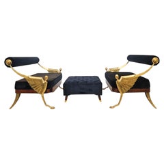 Exceptional Pair of Egyptian Revival Bronze & Velvet Lounge Chairs