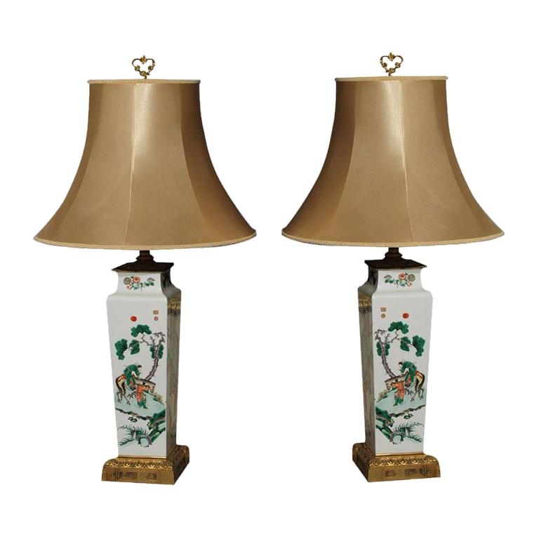 EXCEPTIONAL PAIR OF FAMILLE VERT VASE MOUNTED AND AS LAMPS For Sale
