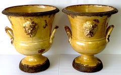 Exceptional Pair of Italian  Anduze / Yellow Glazed Terracotta Medallion Urns