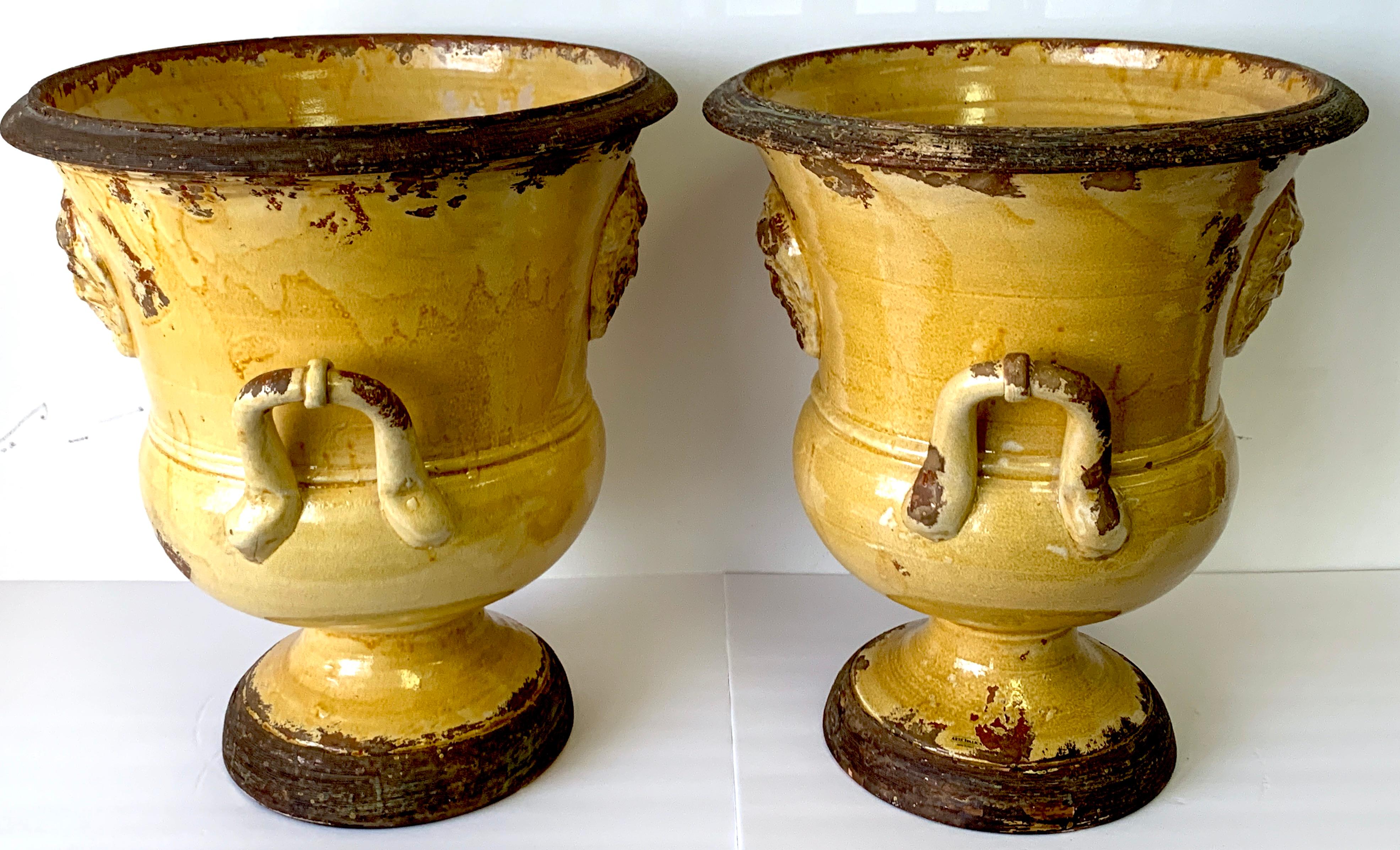 Neoclassical Exceptional Pair of Italian  Anduze / Yellow Glazed Terracotta Medallion Urns