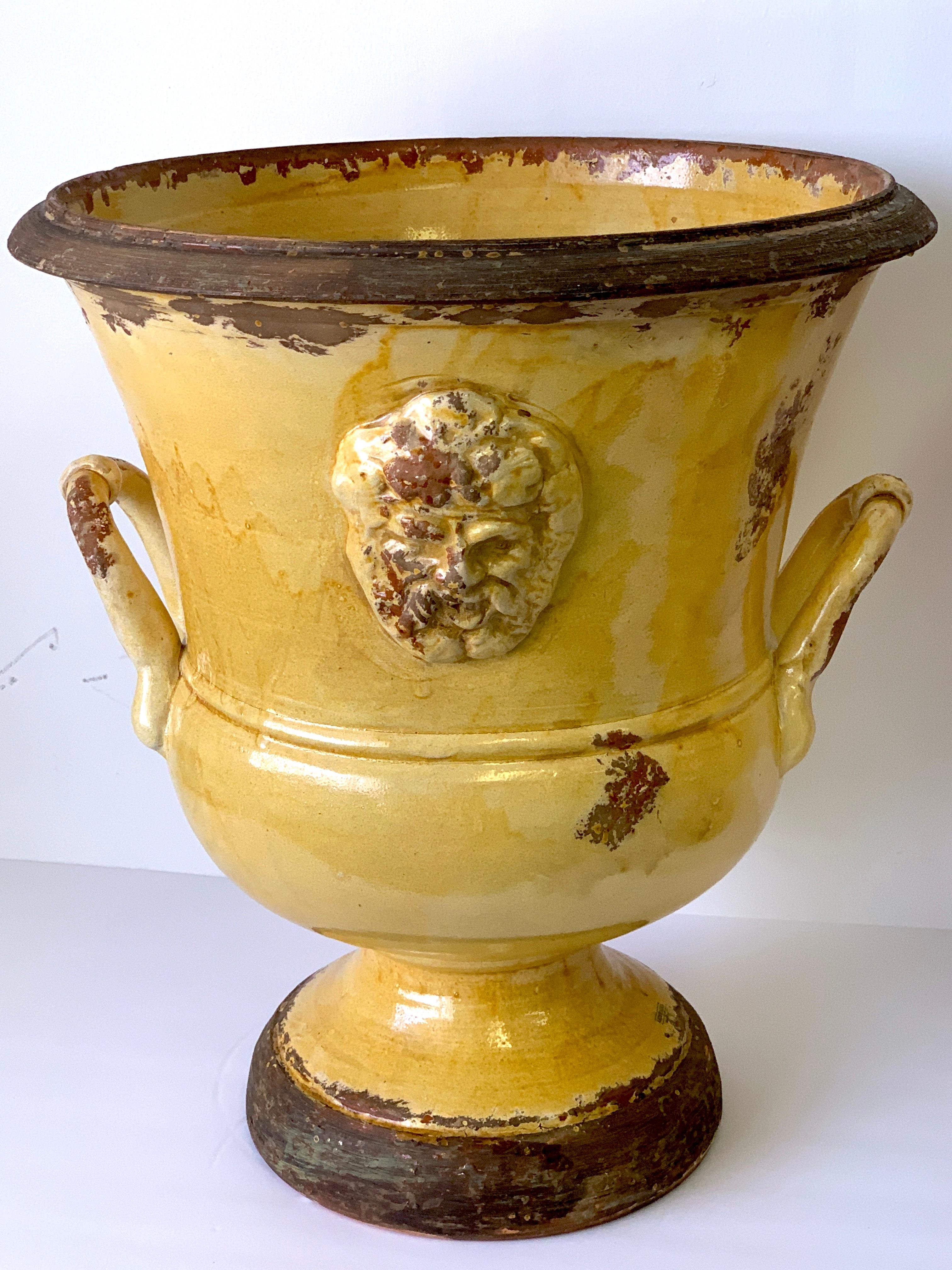 Exceptional Pair of Italian  Anduze / Yellow Glazed Terracotta Medallion Urns 1