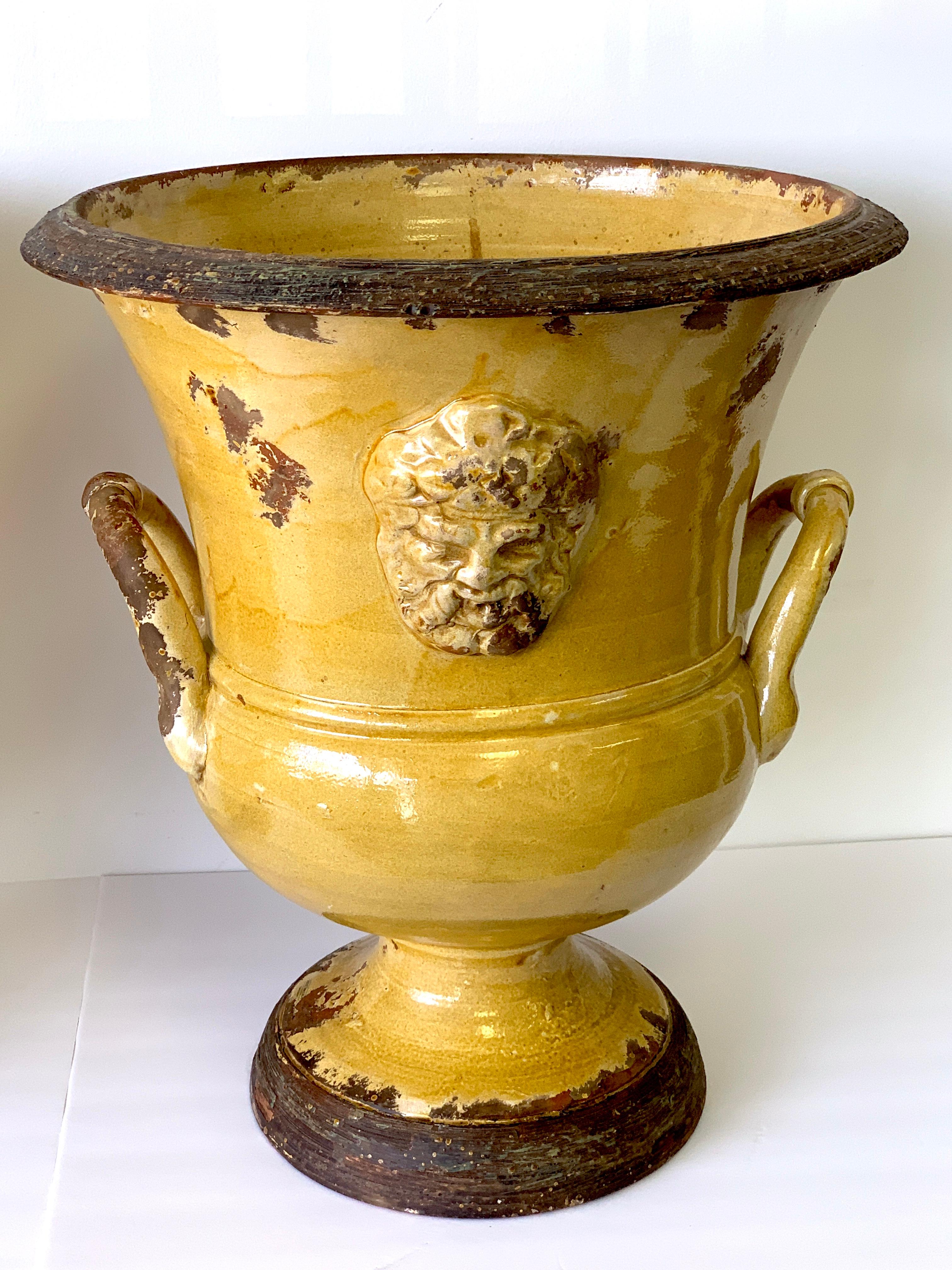 Exceptional Pair of Italian  Anduze / Yellow Glazed Terracotta Medallion Urns 2
