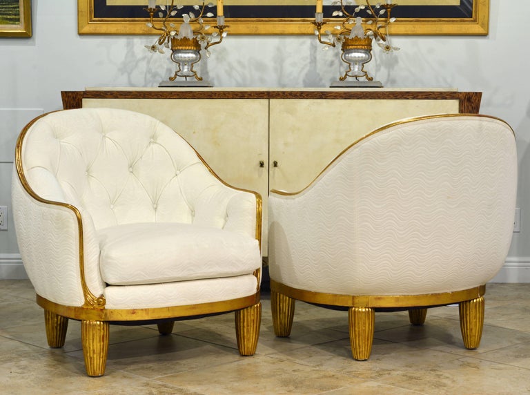 Gilt Exceptional Pair of French Art Deco Lounge Chairs Manner of Maurice Dufrene