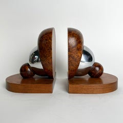 Exceptional Pair of French Art Deco Thuya Burl and Chrome Bookends, 1930s