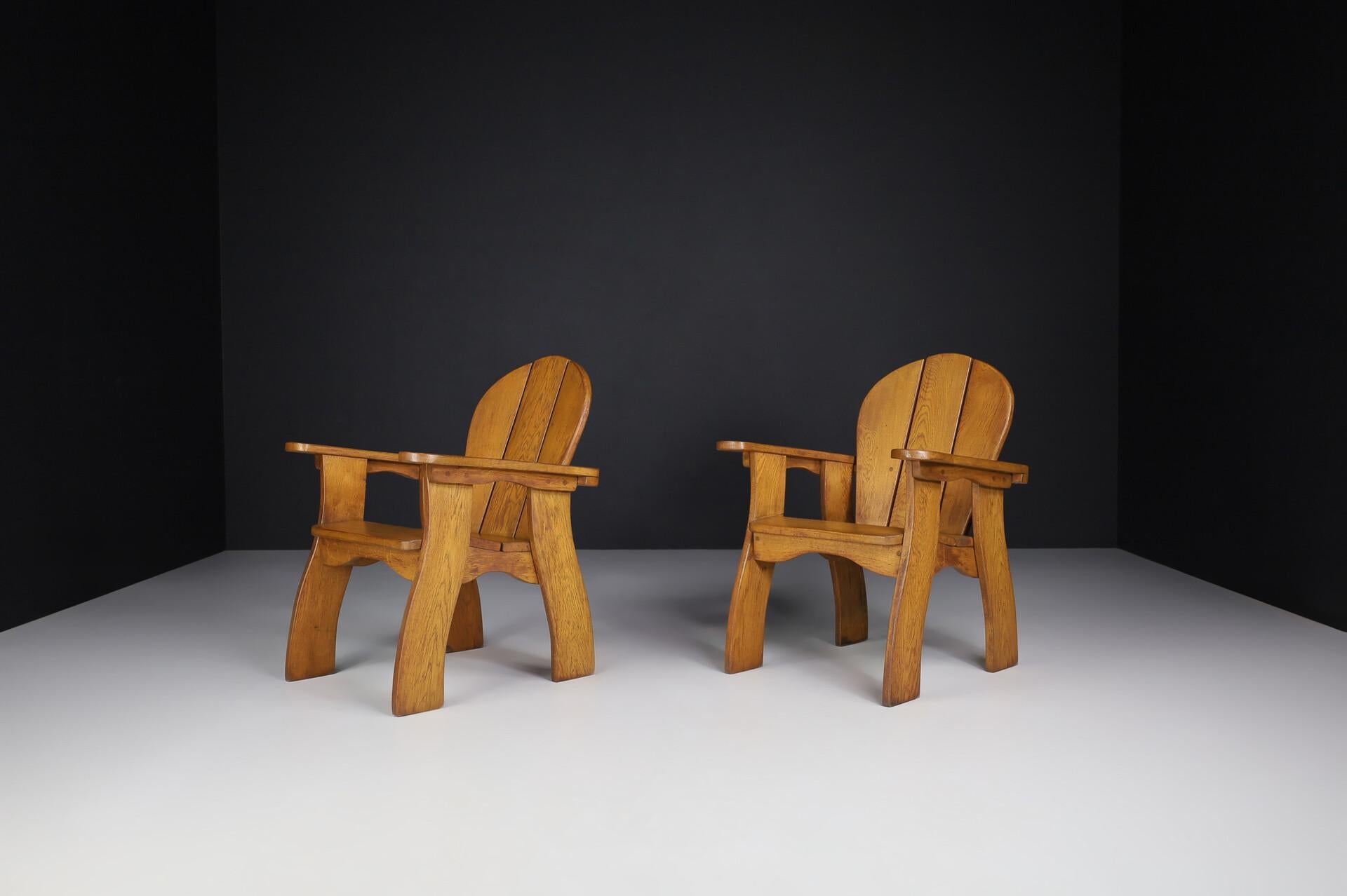 Exceptional Pair of French Brutalist Lounge Chairs in Sculpted Solid Oak, 1960s For Sale 2