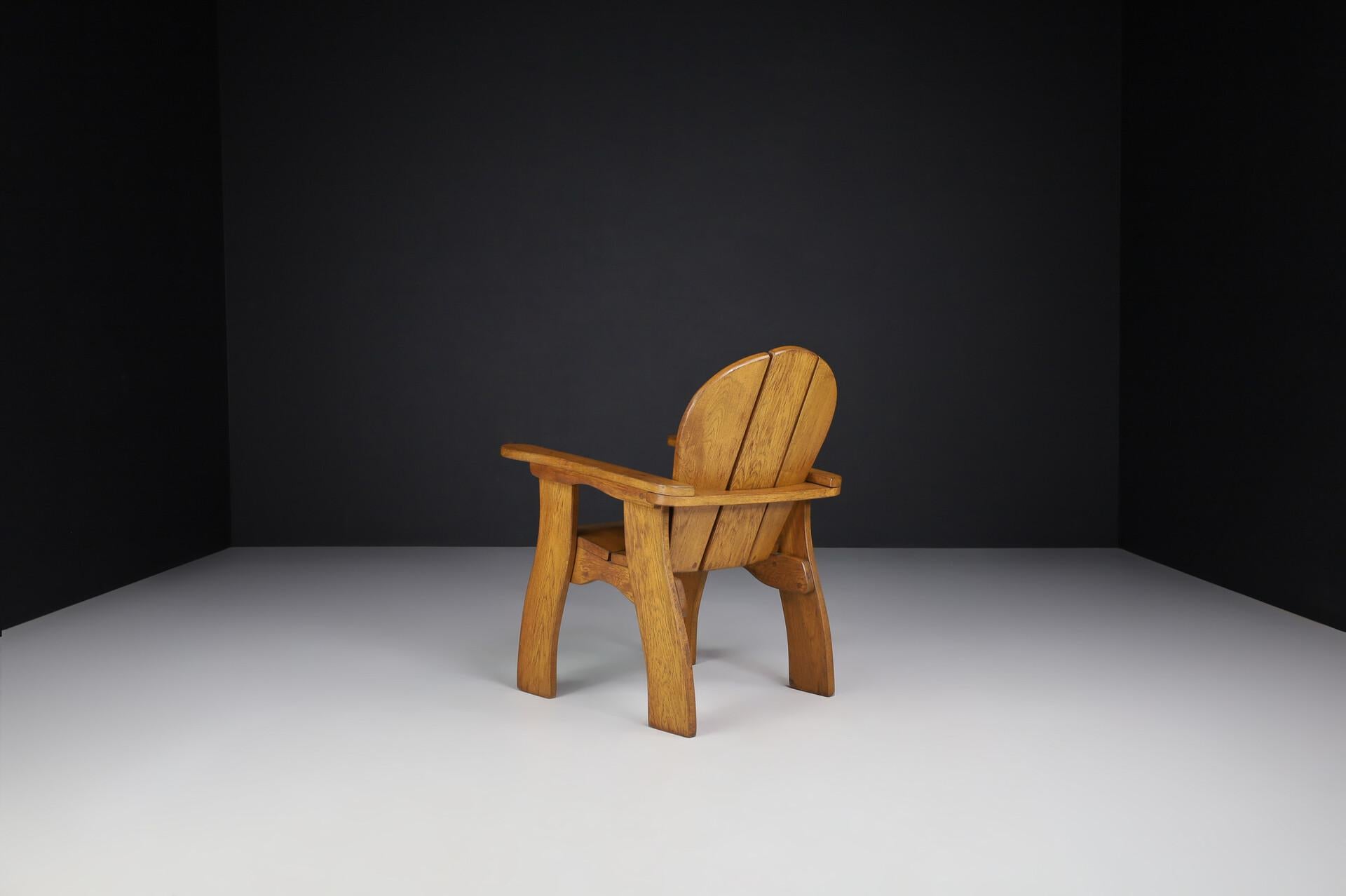 Exceptional Pair of French Brutalist Lounge Chairs in Sculpted Solid Oak, 1960s For Sale 3