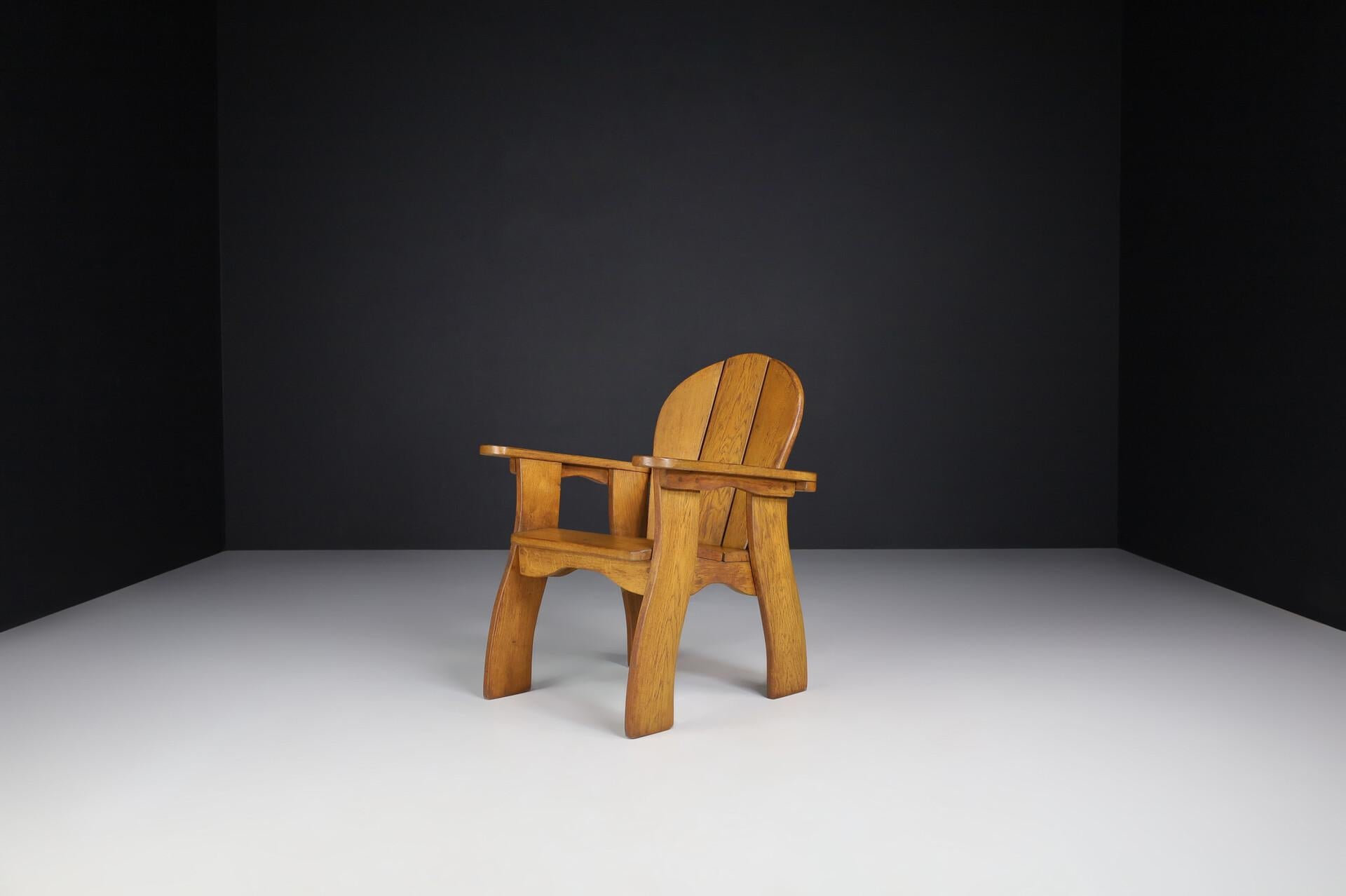 Exceptional Pair of French Brutalist Lounge Chairs in Sculpted Solid Oak, 1960s For Sale 4