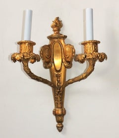 Exceptional Pair of French Doré Bronze Fine Neoclassical Flame Top Sconces