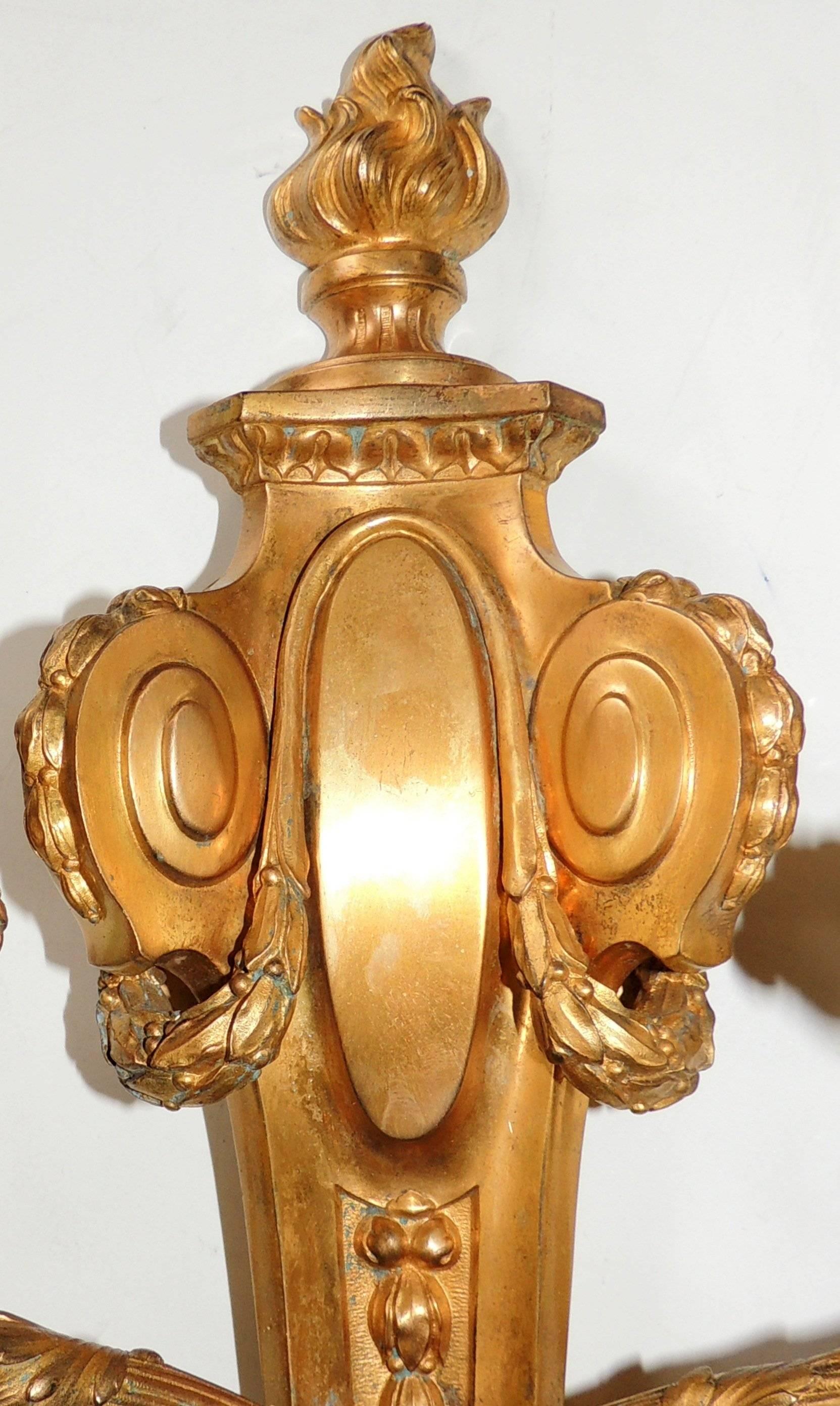 Exceptional Pair of French Doré Bronze Fine Neoclassical Flame Top Sconces For Sale 1