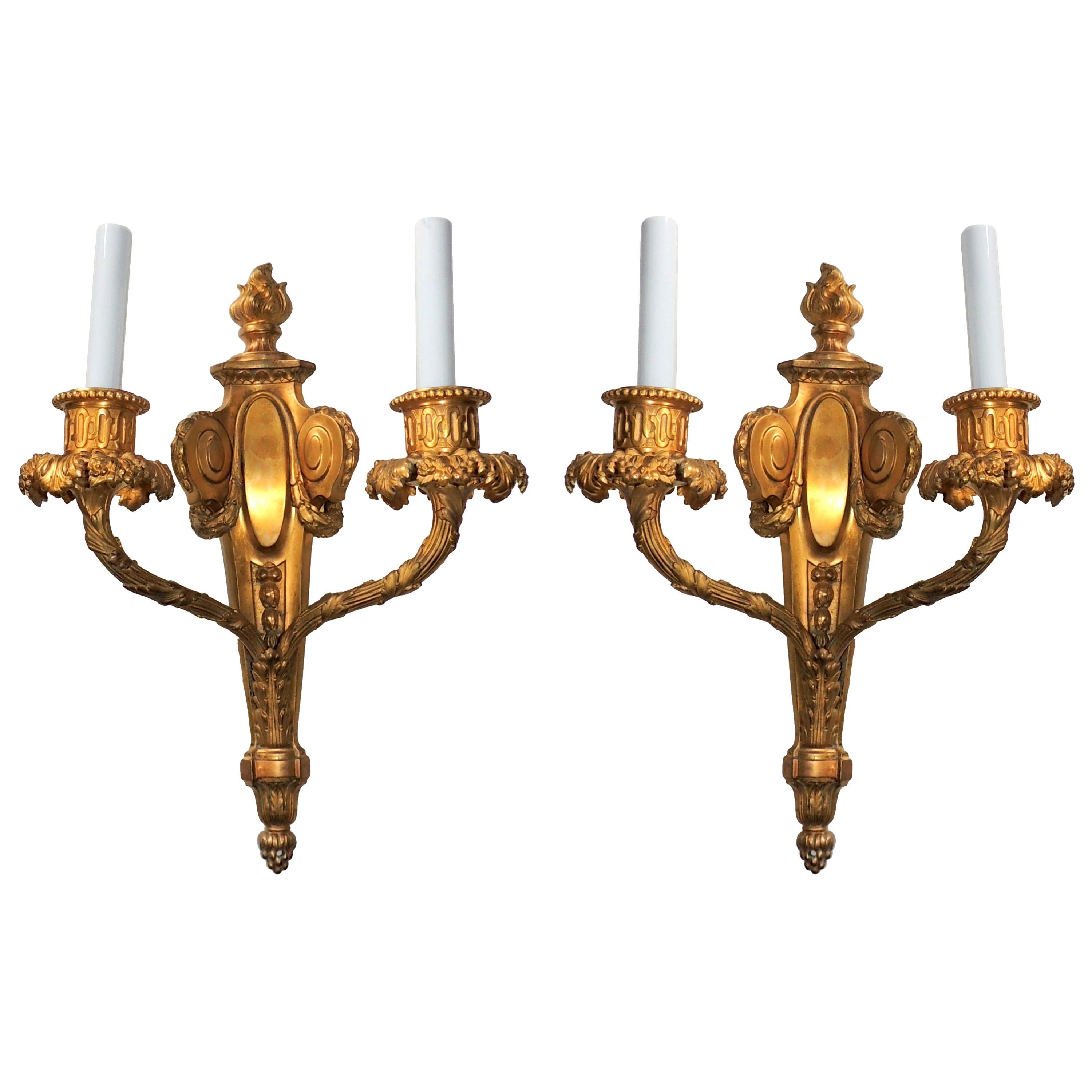 Exceptional Pair of French Doré Bronze Fine Neoclassical Flame Top Sconces For Sale
