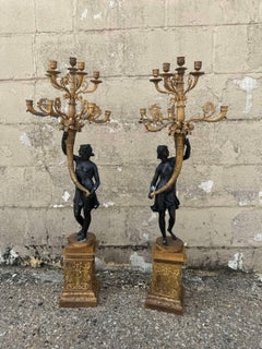 Exceptional Pair of French Empire Style Gilt Bronze Roman Figures Candelabra
