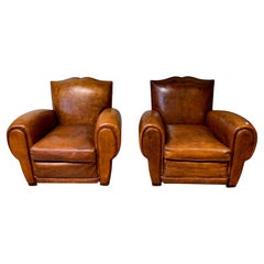 Exceptional Pair of French Leather Club Chairs, Havana Moustache Models, c1940's