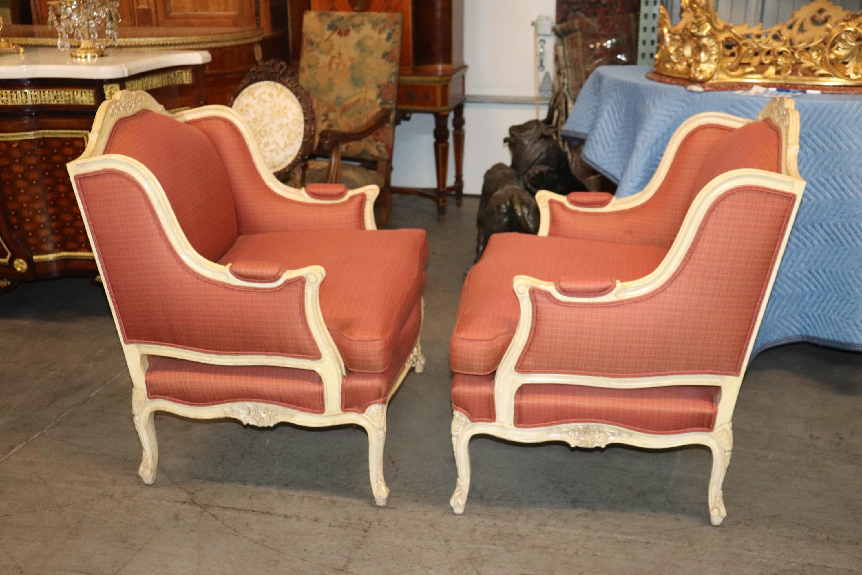Exceptional Pair of French Louis XV Painted Decorated Wide Bergere Chairs 4