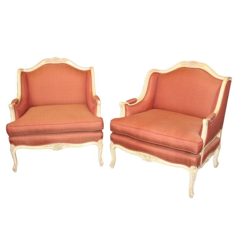 Exceptional Pair of French Louis XV Painted Decorated Wide Bergere Chairs For Sale at 1stDibs