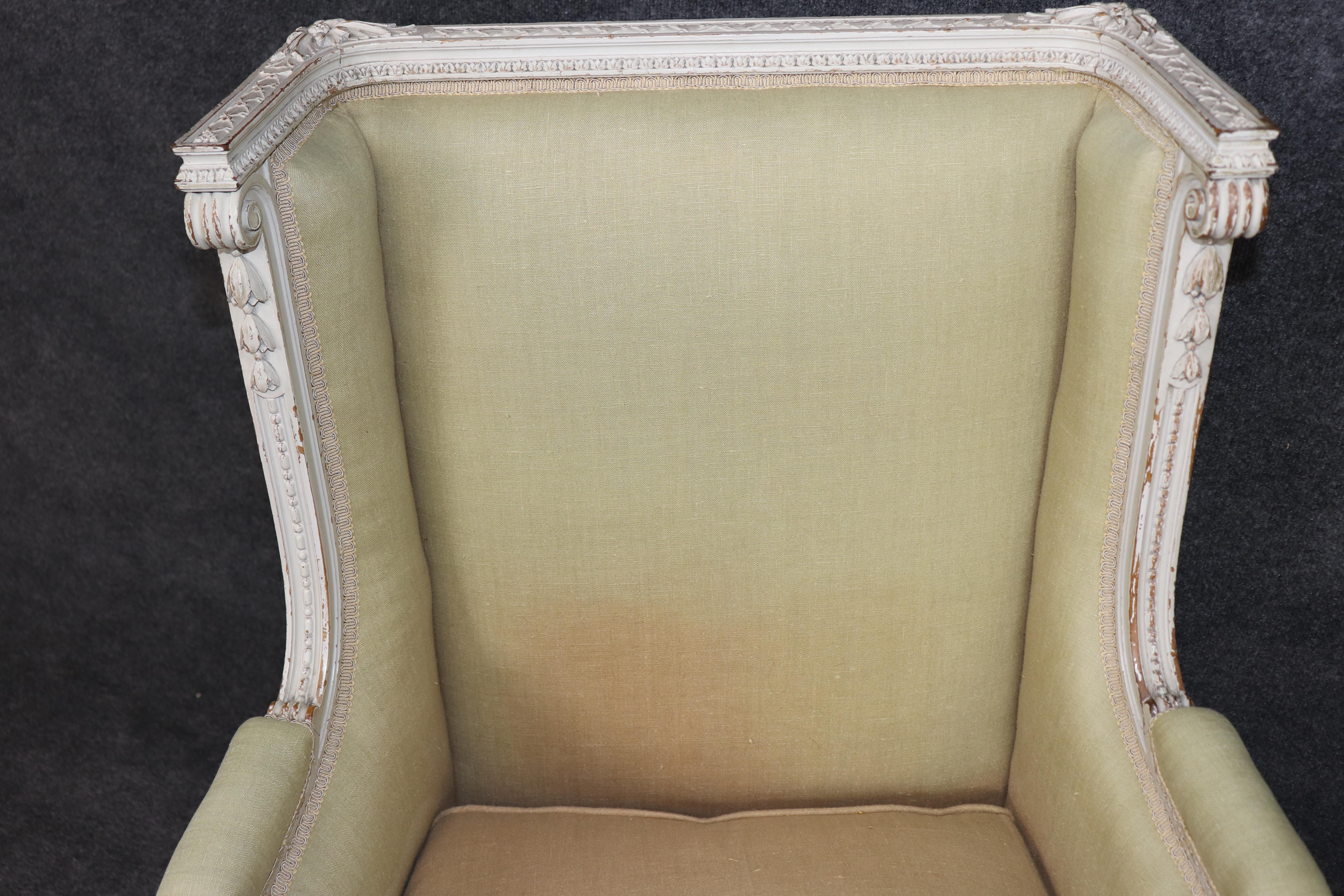 Exceptional pair of French Louis XVI Style Creme Painted Bergere Chairs For Sale 11