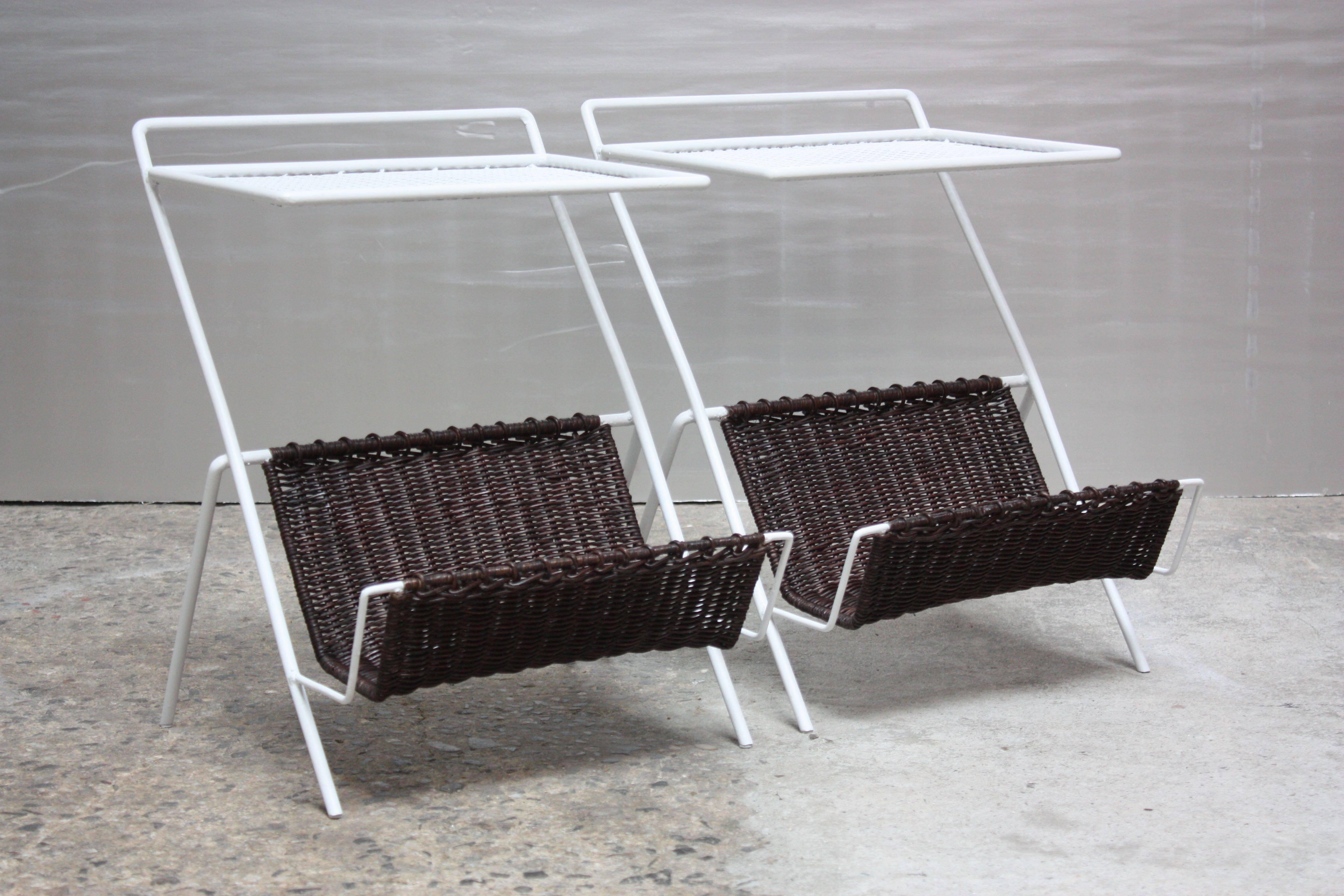 Pair of French Metal and Rattan Magazine Tables by Mathieu Matégot In Good Condition For Sale In Brooklyn, NY