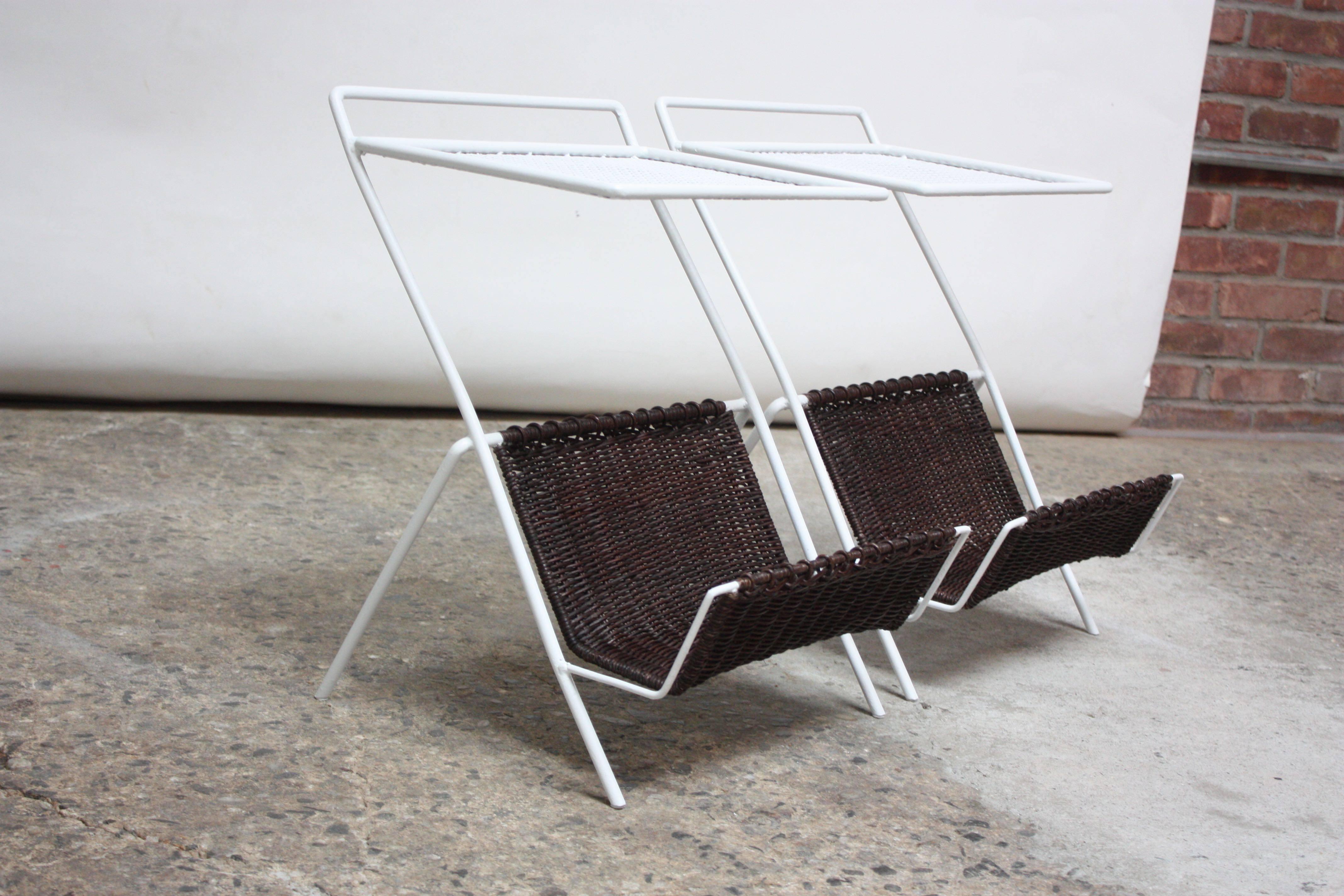 Mid-20th Century Pair of French Metal and Rattan Magazine Tables by Mathieu Matégot For Sale