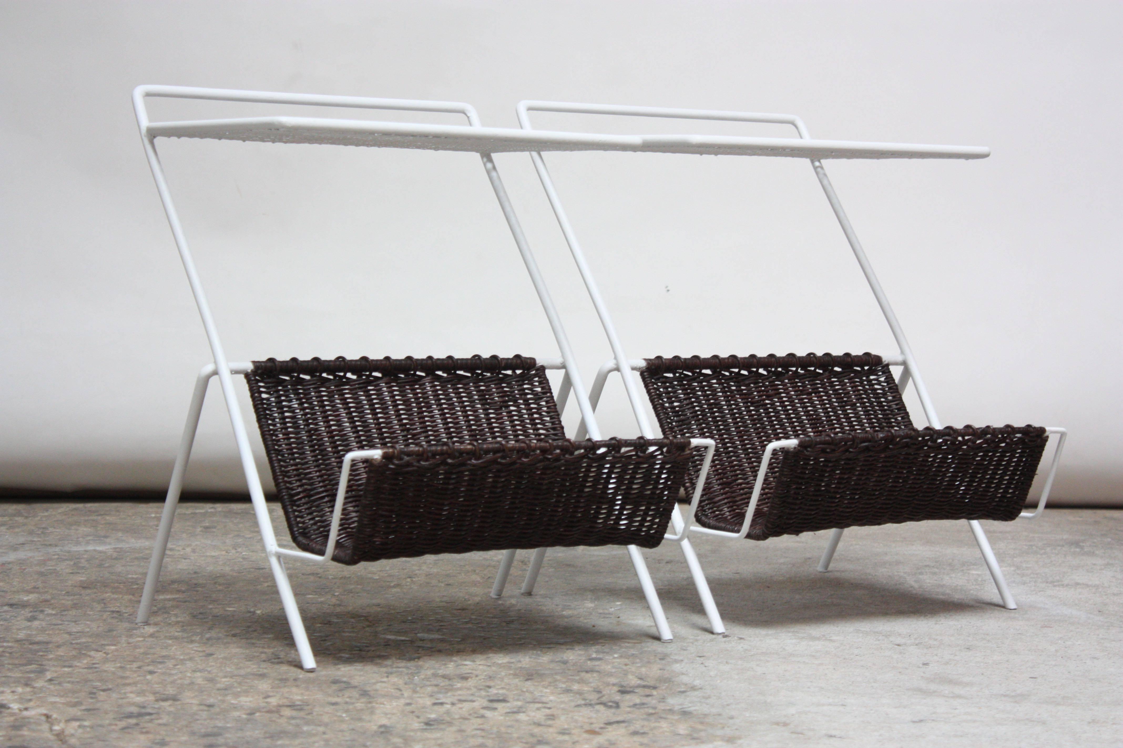 Pair of French Metal and Rattan Magazine Tables by Mathieu Matégot For Sale 1