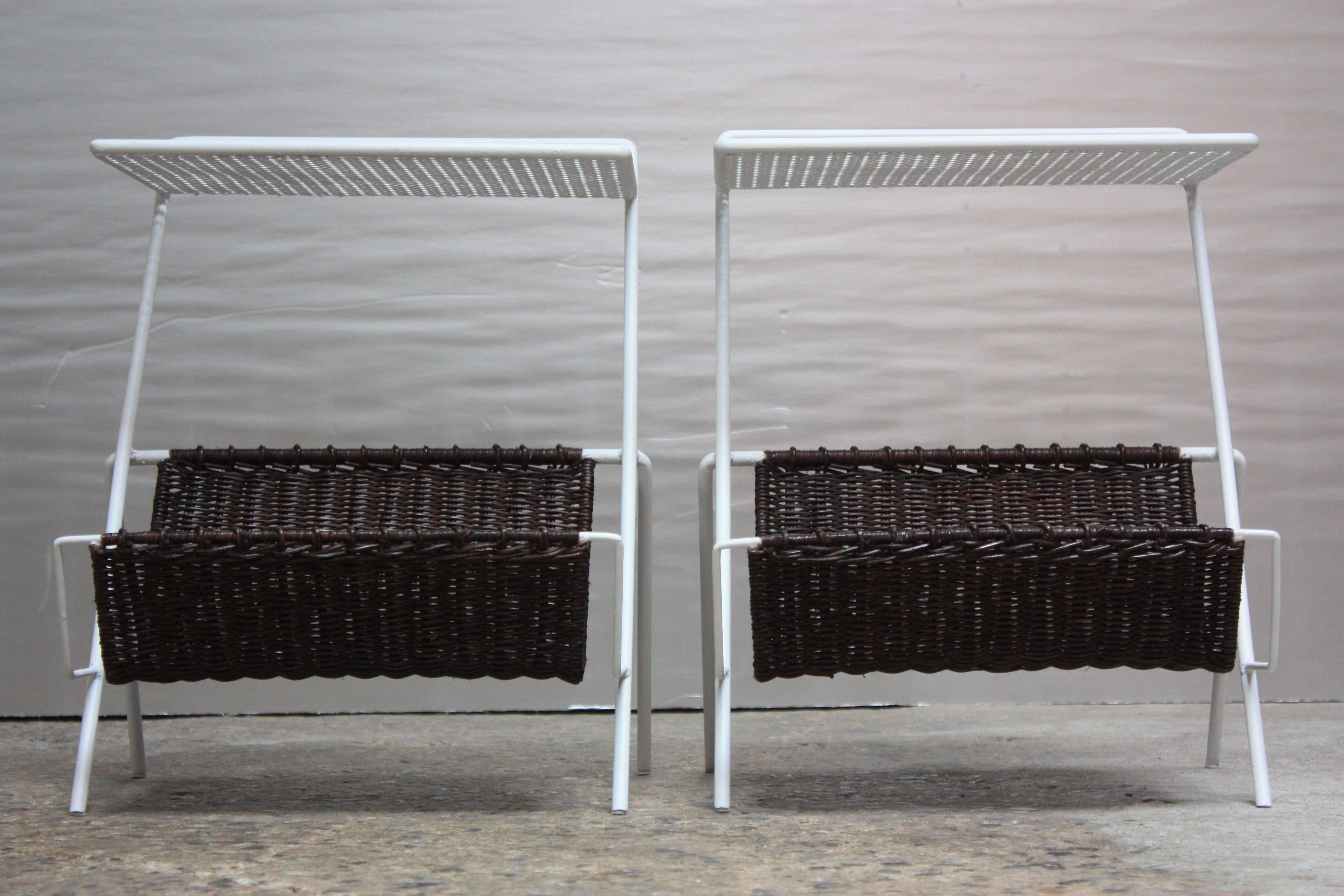 Pair of French Metal and Rattan Magazine Tables by Mathieu Matégot For Sale 2