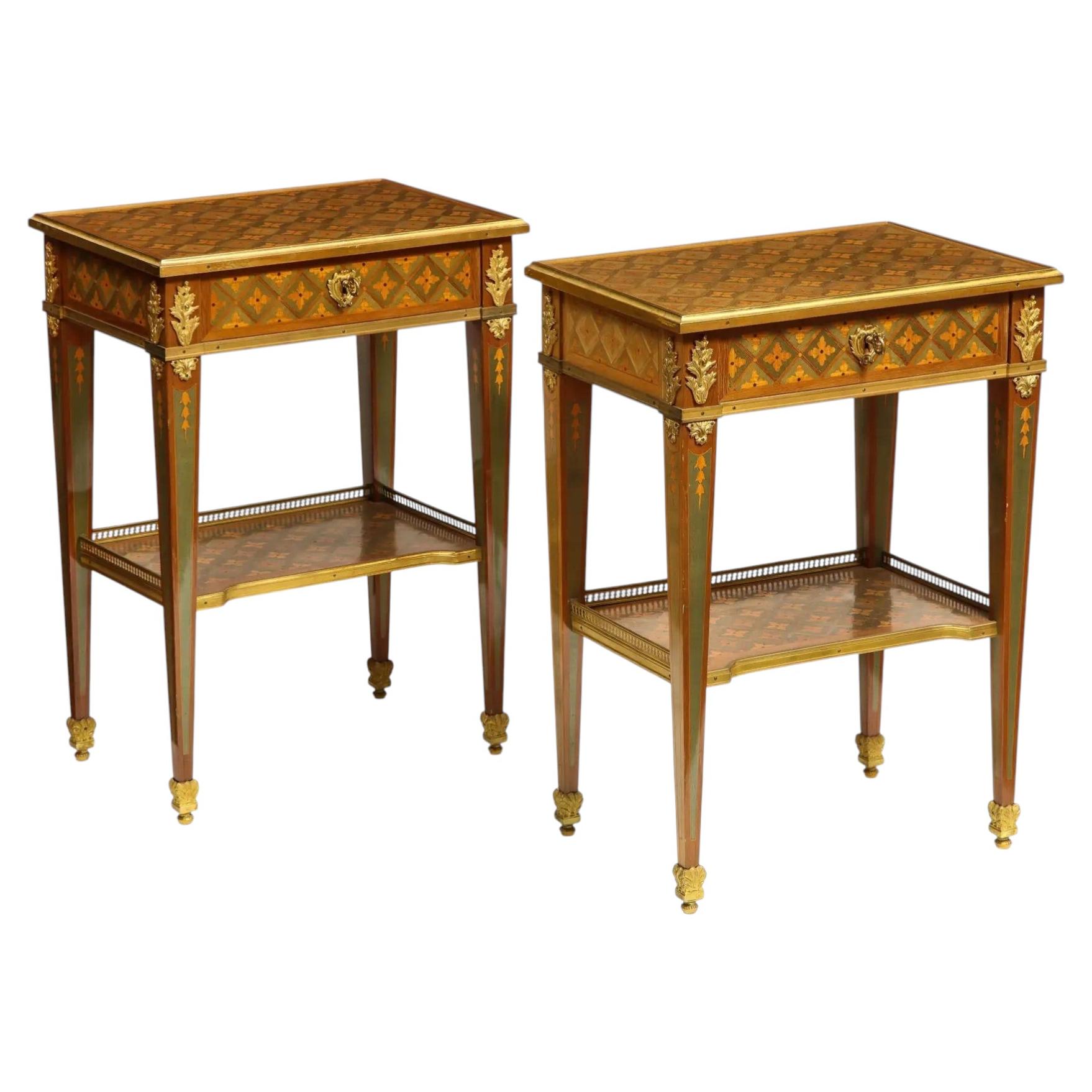 Exceptional Pair of French Ormolu-Mounted Parquetry and Marquetry Side Tables