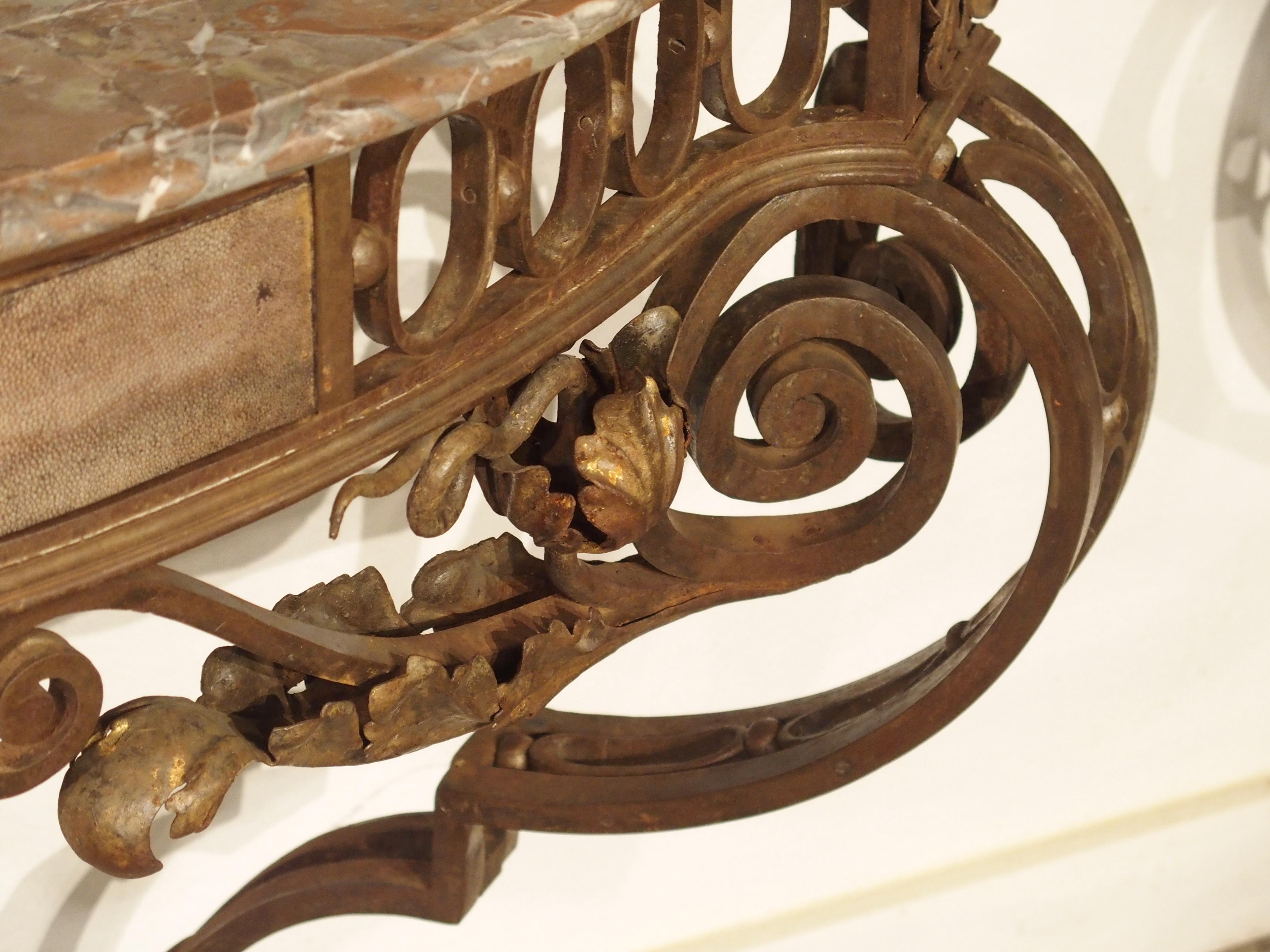 Exceptional Pair of French Wrought Iron Consoles with Marble Tops, Circa 1880 15