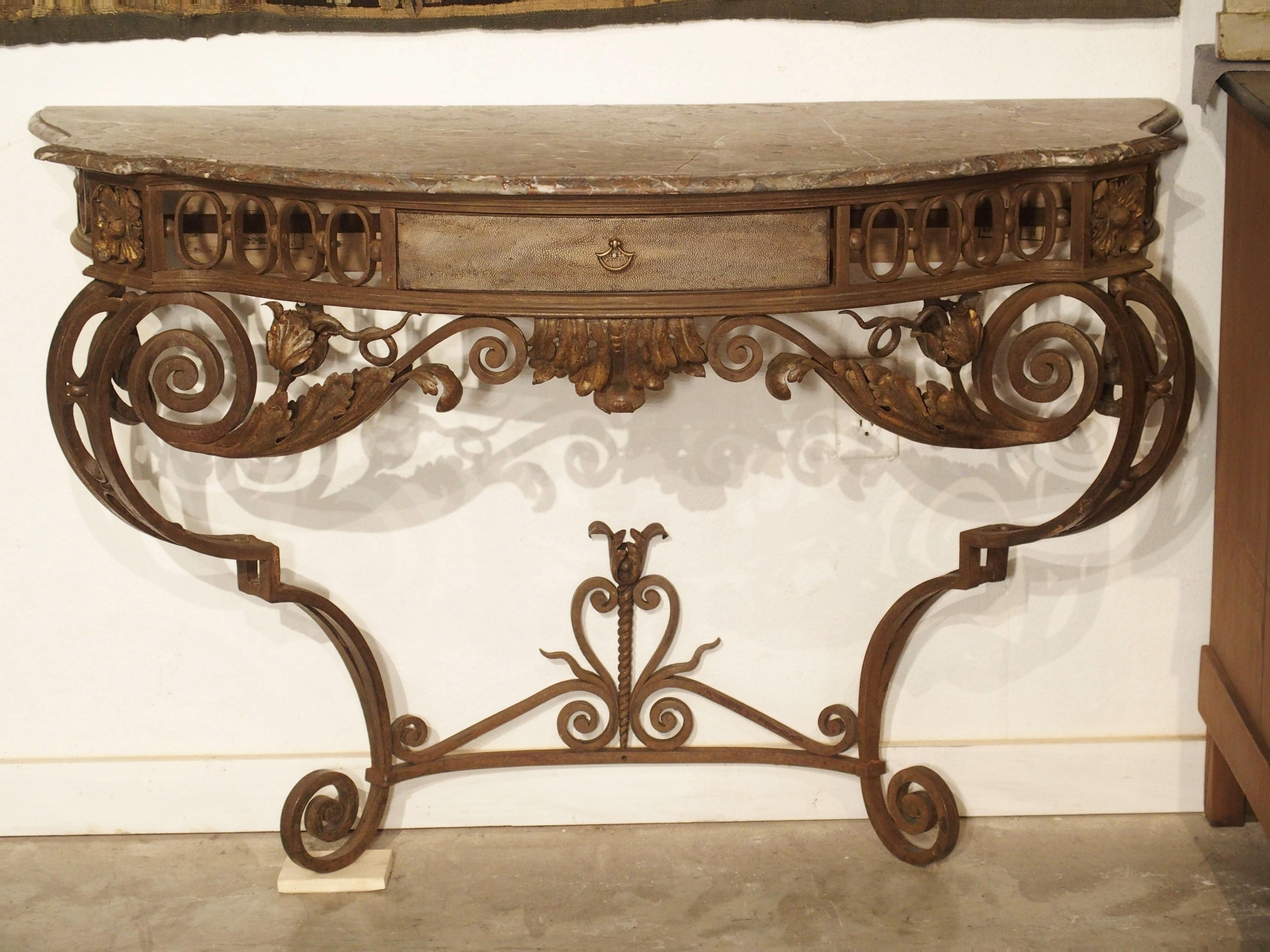 Hand-Carved Exceptional Pair of French Wrought Iron Consoles with Marble Tops, Circa 1880
