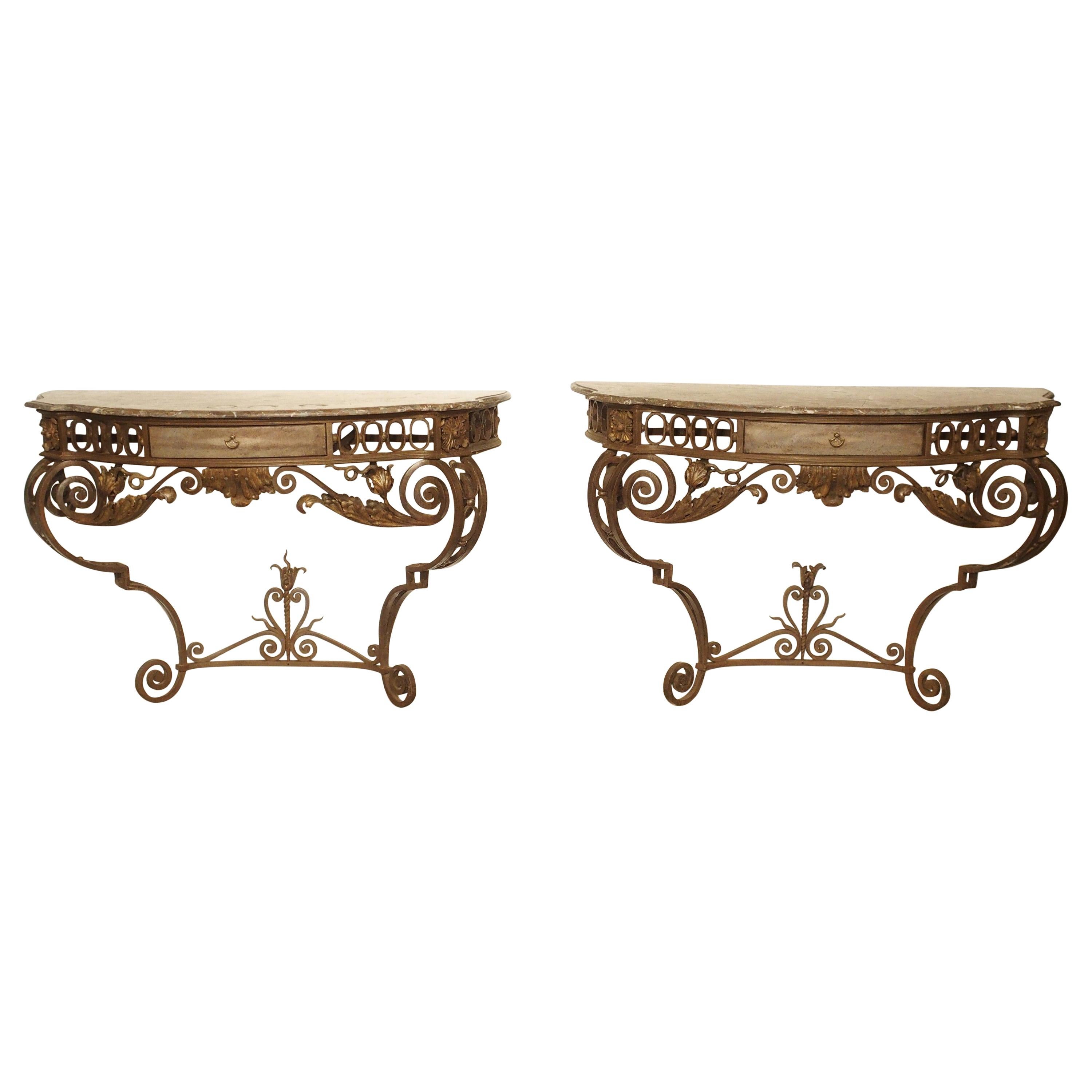 Exceptional Pair of French Wrought Iron Consoles with Marble Tops, Circa 1880