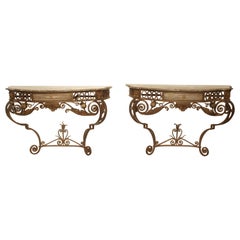 Antique Exceptional Pair of French Wrought Iron Consoles with Marble Tops, Circa 1880