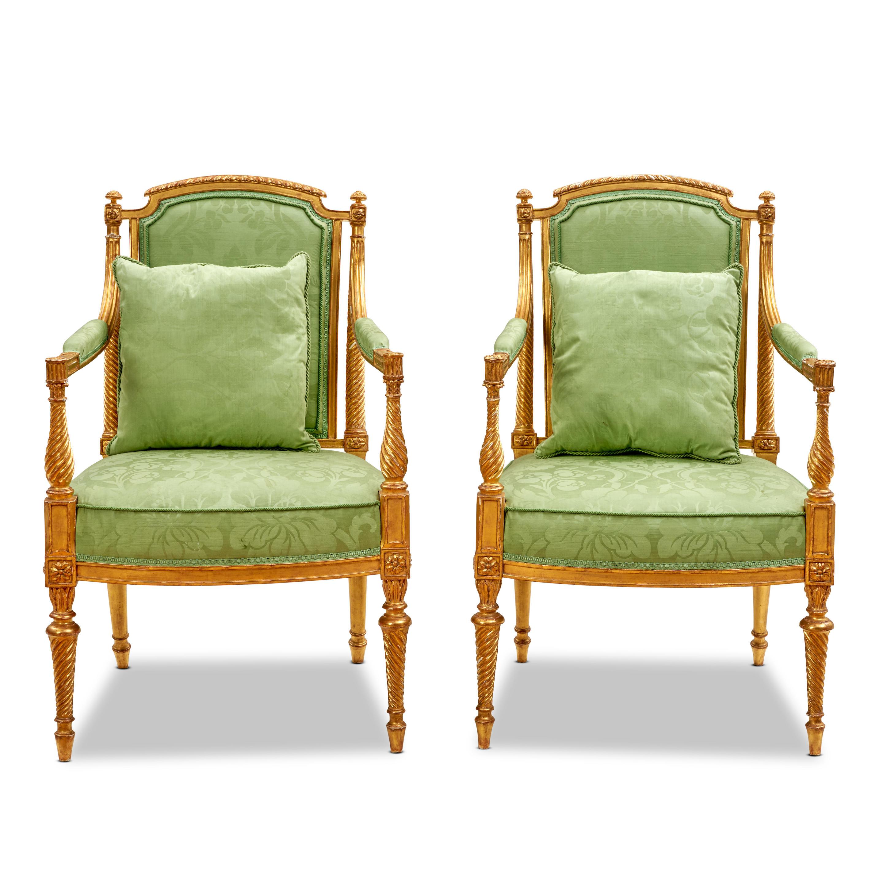 Anglais Exceptionnelle paire de fauteuils en bois doré George III par B. Harmer en vente