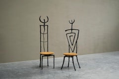 Exceptional Pair of Giacometti Style Accent Chairs in Iron and Beech 1990s