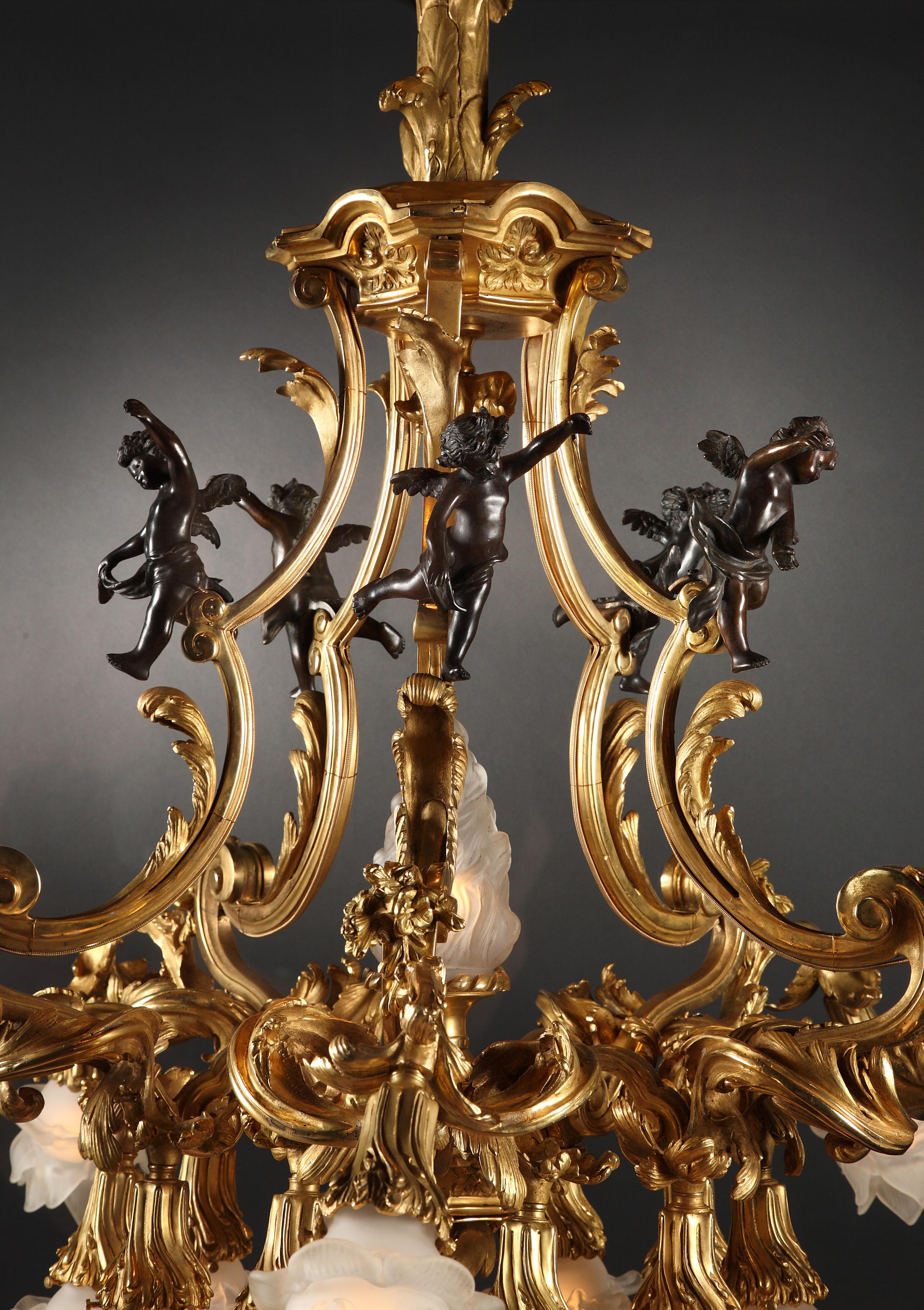 Louis XV Exceptional Pair of Gilded Bronze Chandeliers Attributed to T. Millet