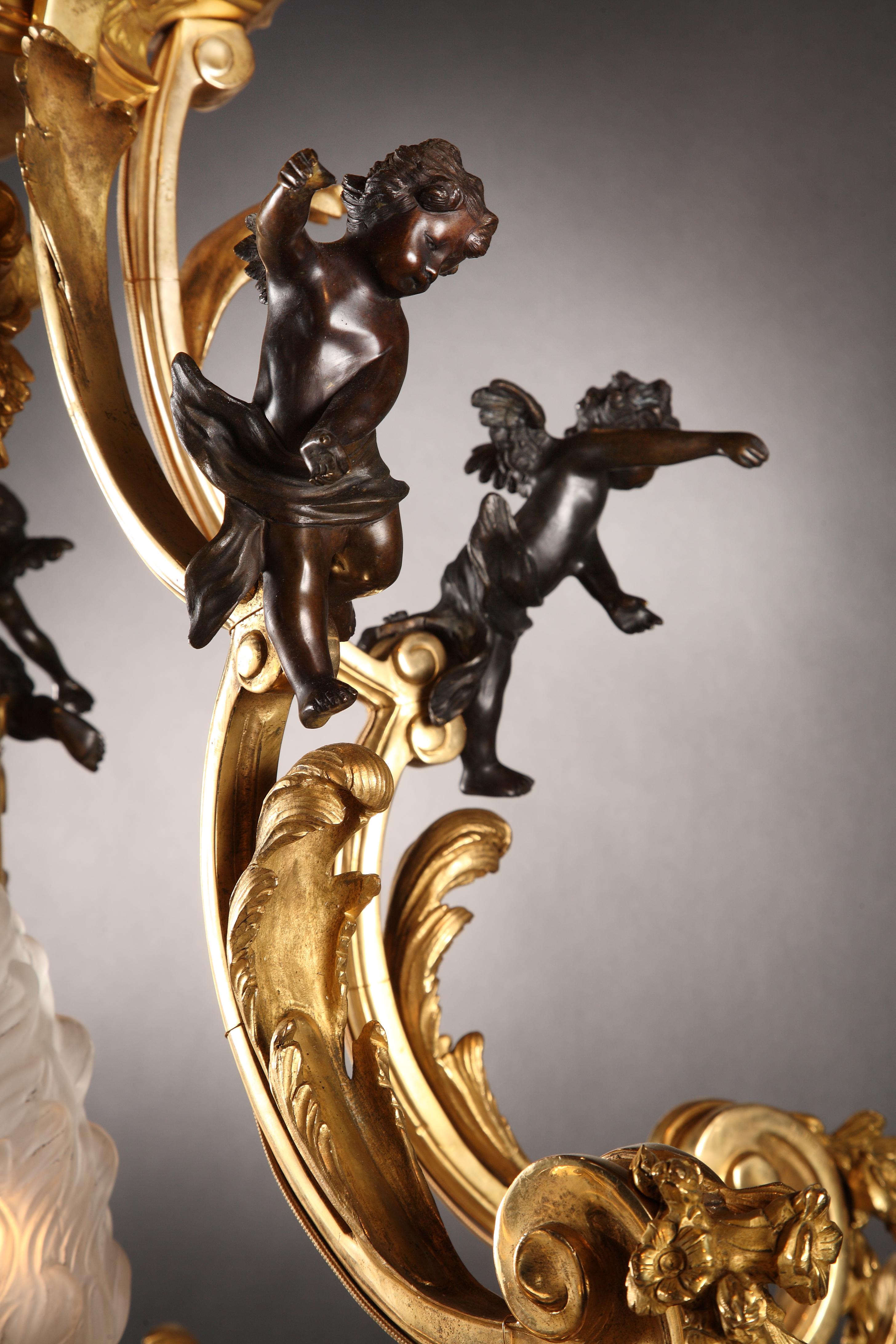 French Exceptional Pair of Gilded Bronze Chandeliers Attributed to T. Millet