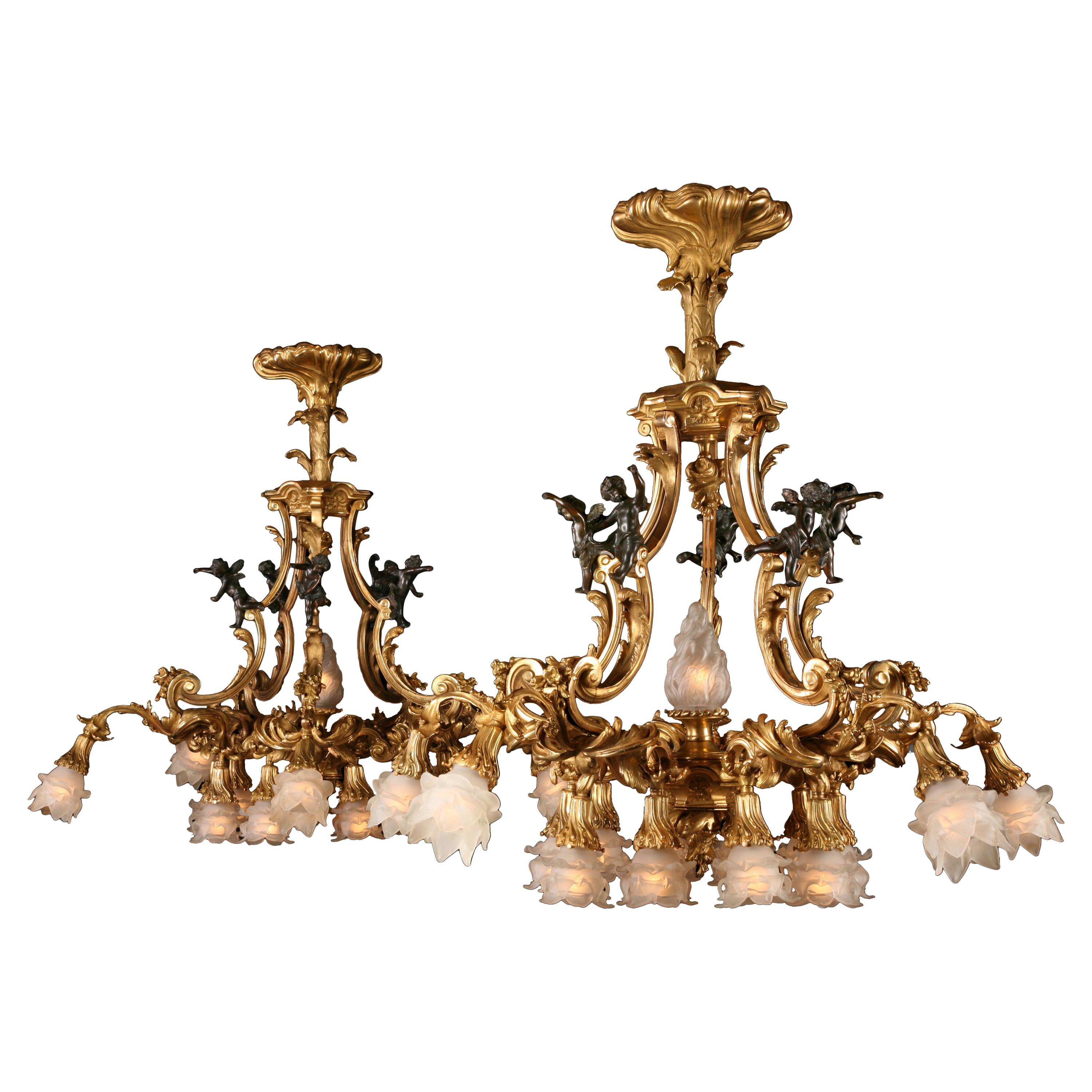 Exceptional Pair of Gilded Bronze Chandeliers Attributed to T. Millet