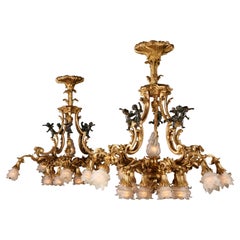 Antique Exceptional Pair of Gilded Bronze Chandeliers Attributed to T. Millet