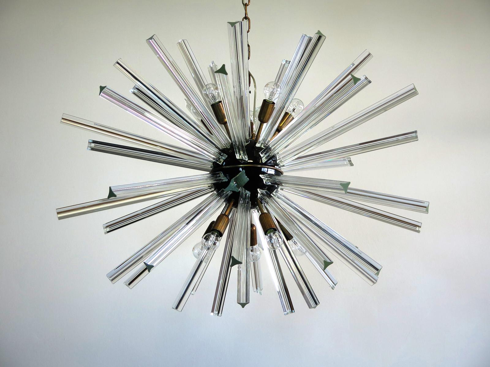 Late 20th Century Exceptional Pair of Glass Sputnik Chandeliers, 50 crystal glass 'triedri' Murano For Sale
