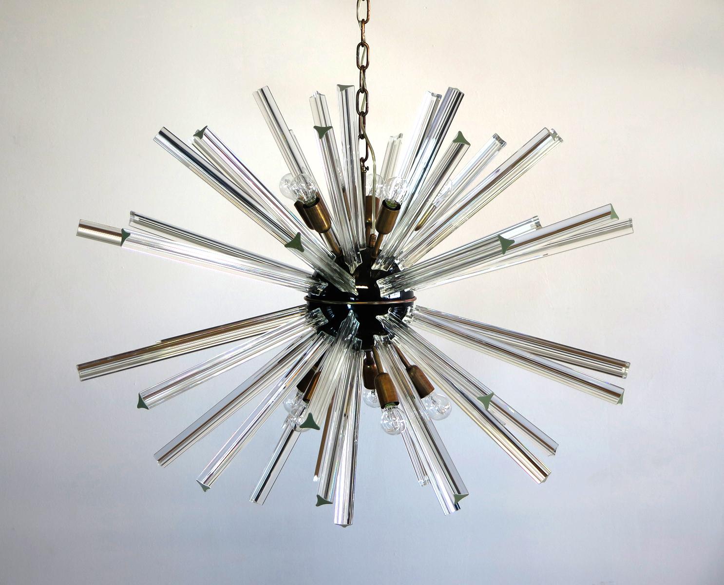 Metal Exceptional Pair of Glass Sputnik Chandeliers, 50 crystal glass 'triedri' Murano For Sale